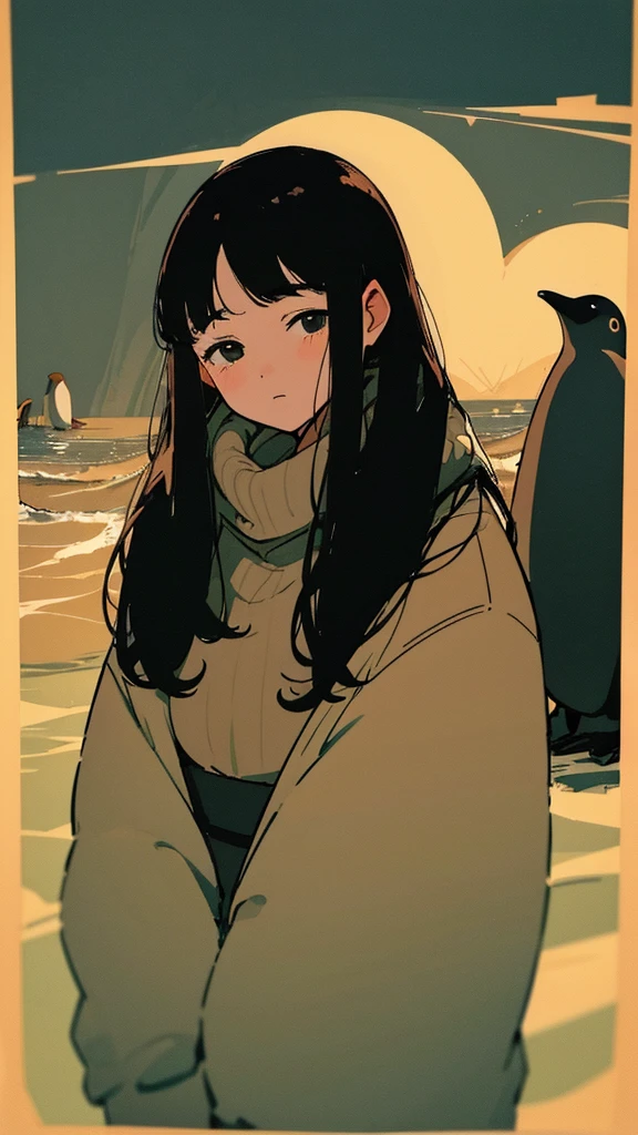20 year old dark-haired woman, Clothes that look warm、Calm、Gentle light、black backgrounds、Coffee、head shot、Lo-Fi Illustration、a relaxing sight、Woman in sweater、looks sleepy、winter seaside、Horizon、the golden hour、penguin