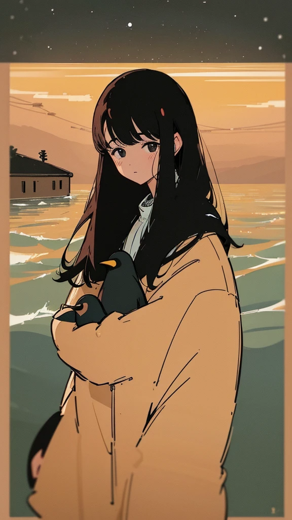 20 year old dark-haired woman, Clothes that look warm、Calm、Gentle light、black backgrounds、Coffee、head shot、Lo-Fi Illustration、a relaxing sight、Woman in sweater、looks sleepy、winter seaside、Horizon、the golden hour、penguin