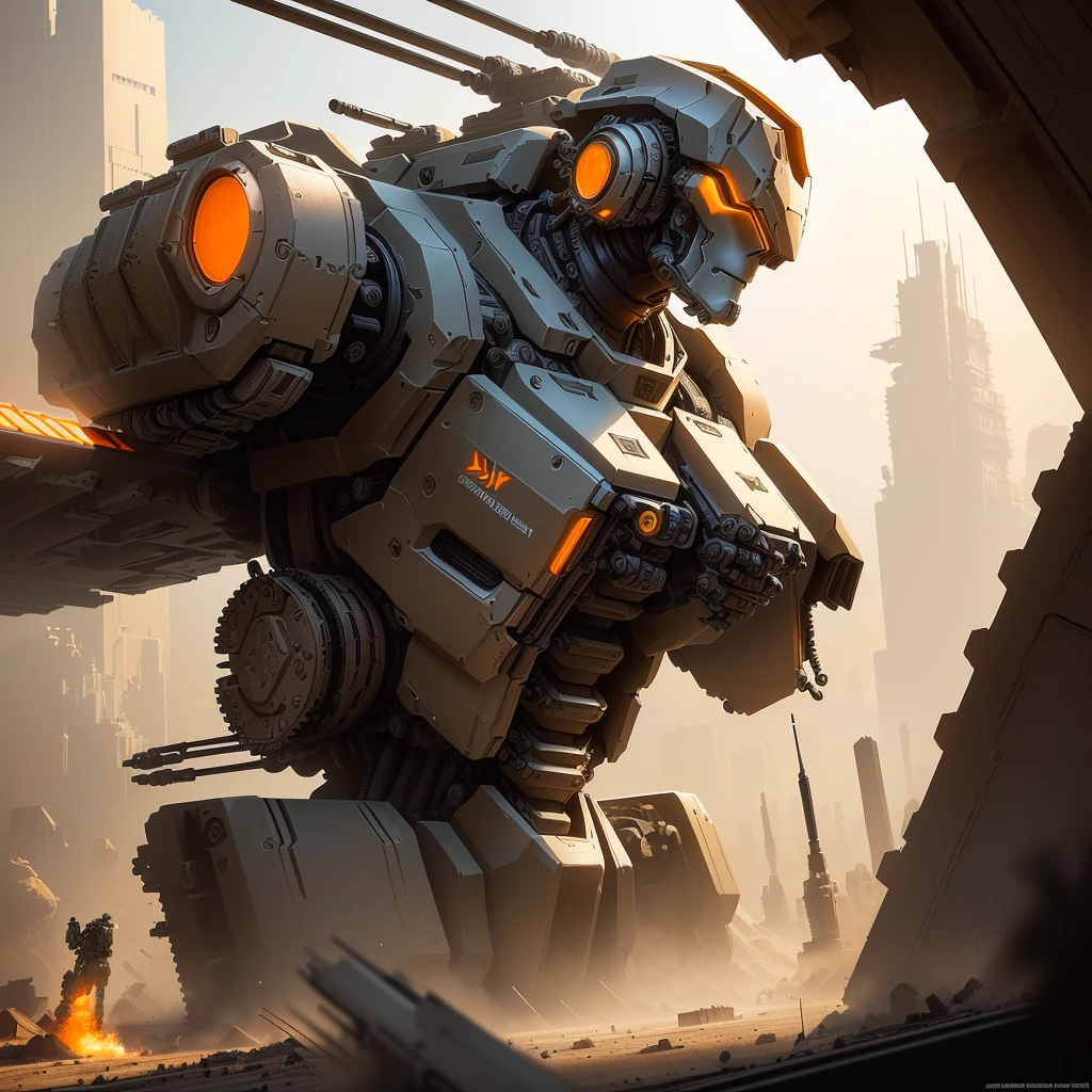 A colossal mechanized robot, its colossal body sprawled on the ground as it takes aim with an oversized flat orange sniper rifle at a distant target. This incredibly detailed image captures the intricate machinery of the mech, showcasing every intricate gear and piston. The scene is depicted in a painting with vivid colors and stunning realism. The sniper rifle gleams with a metallic sheen, contrasting sharply against the dusty background. The craftsmanship of the artist is evident in the fine details of the robot's armor plating and the intricacies of the weapon. The overall effect is a mesmerizing blend of science fiction and precision artistry.