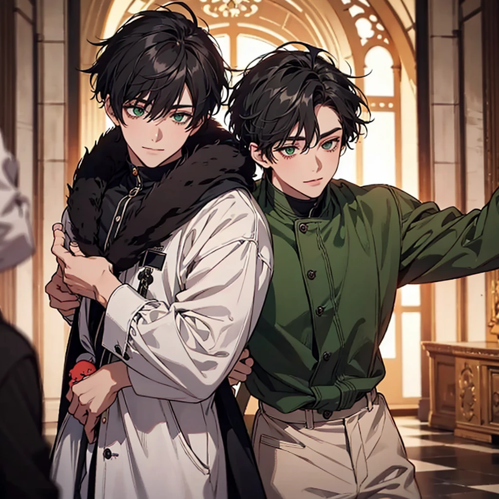 2 young men, focus man , Yaoi, pair, portable princess, bear, look elsewhere, smile, short hair, black hair, green eyes, black hair, gray eyes , The best aesthetics , best quality, Amazing quality, The best aesthetics, nonsense,bright
