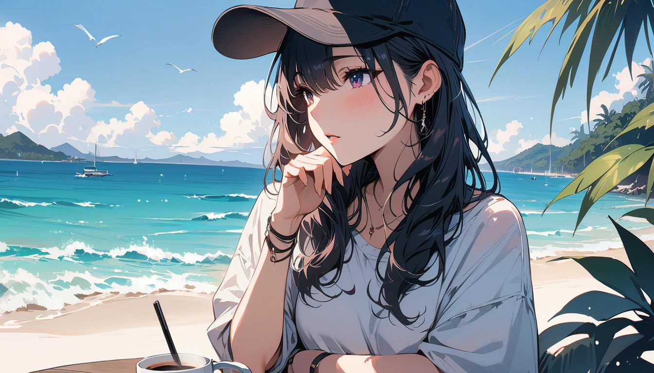 (masterpiece, Highest quality:1.2), 1 Girl, alone,Eyes open,Have a coffee,Tropical atmosphere,Ocean