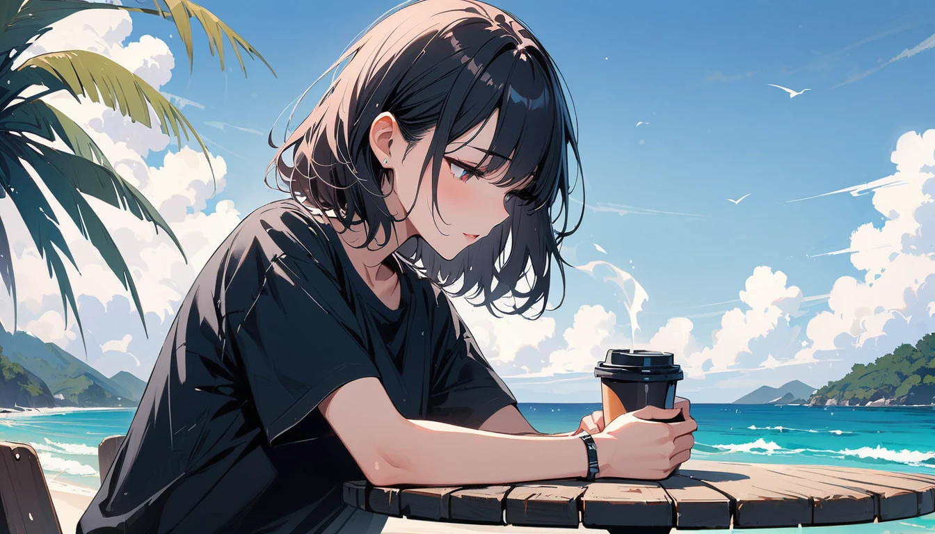 (masterpiece, Highest quality:1.2), 1 Girl, alone,Eyes open,Have a coffee,Tropical atmosphere,Ocean