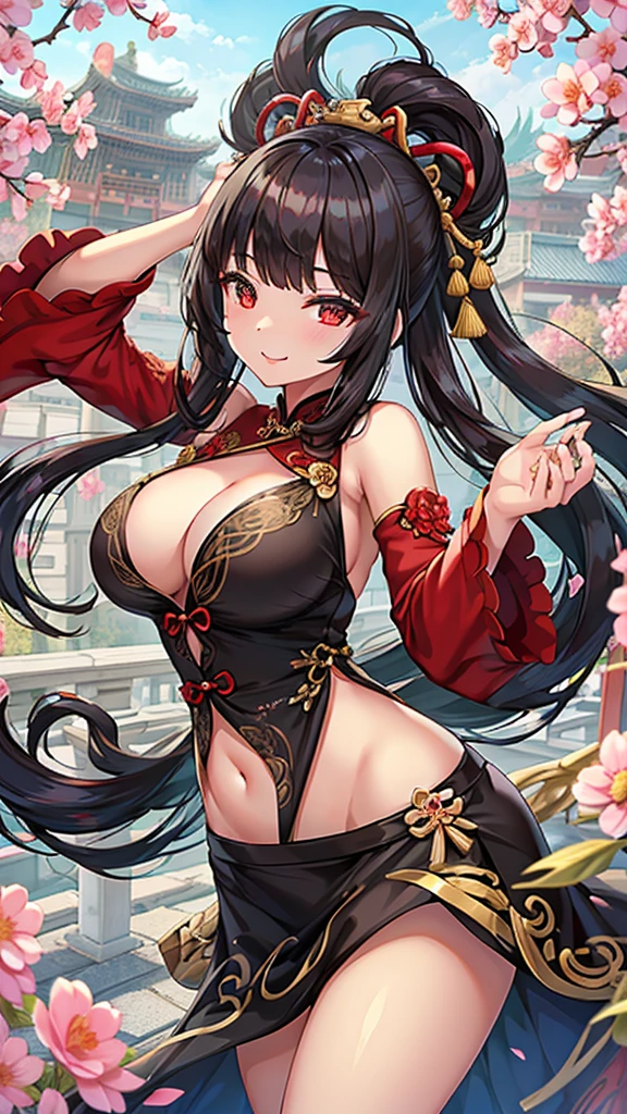 Masterpiece、Highest quality、Super detailed、1 girl、Black Hair、(Big Tits)、Fluffy and soft long hair、Red Eyes、Chinese clothing、Chinese Fantasy Palace、Cleavage、(The underboob is visible)、Belly button、Ruffles and ribbons、smile、Too big breasts