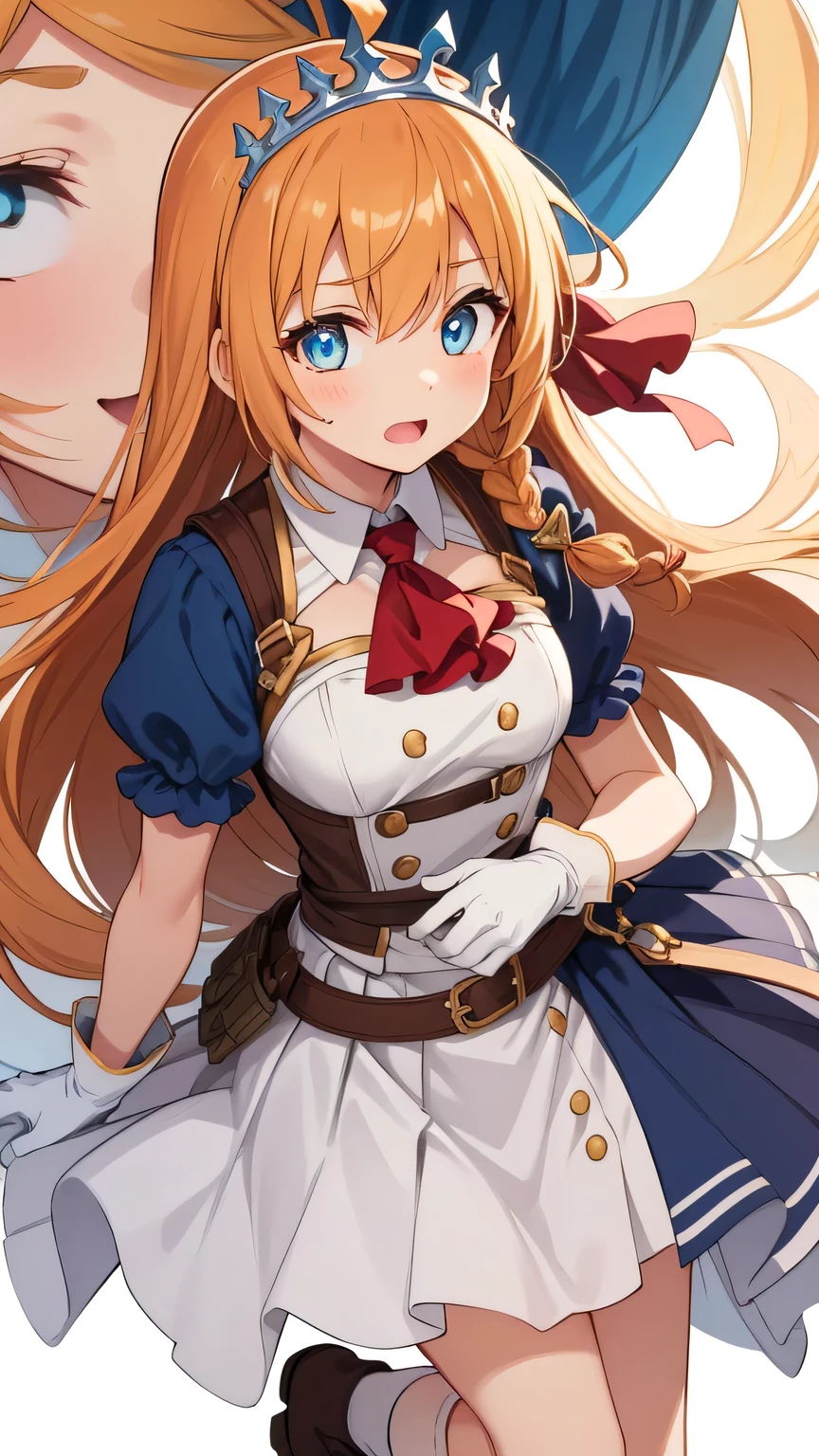 {{{masterpiece}}}, {{{best quality}}}, {{ultra-detailed}}, {illustration}, {{an extremely delicate and beautiful}}, (beautiful detailed eyes:1.6), extremely detailed face, 8k, anime face, Pecorine(Princess Connect!), 1 girl, cute face, blue eyes, hair ornament, long hair, orange hair, tiara, braid, hair braid, ahoge, medium breasts, thin waist, big hips, curvaceous, arm belt, armor, ascot, blue socks, boots, dress, gloves, hair ornament, open clothes, open dress, pauldrons, pleated skirt, puffy short sleeves, puffy sleeves, red ascot, red skirt, white petticoat, short sleeves, shoulder armor, single pauldron, skirt, socks, white dress, white footwear, white gloves