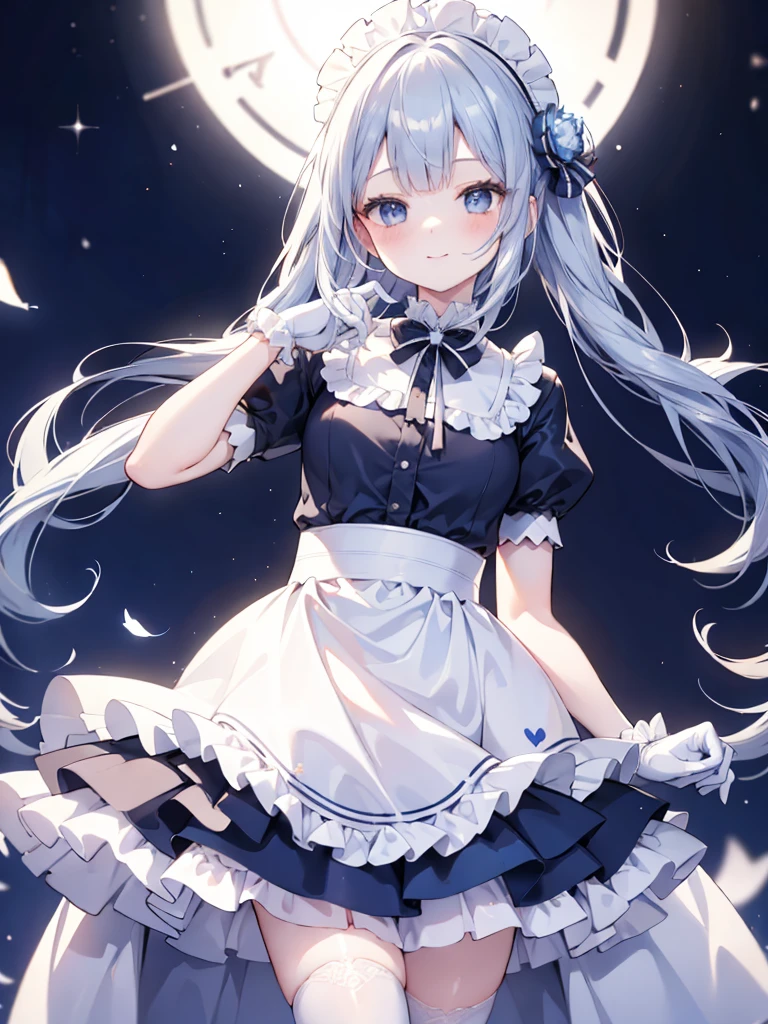 best quality,masterpiece,detailed face, uncensored, 1girl, solo focus, smile, blush, solo, full body, standing, dark blue hair, long hair,low tied hair, forehead, blue eyes, maid, maid headdress, dark blue dress, puffy sleeves, elbow gloves, white gloves, apron, long skirt, dark blue skirt, white thighhighs,Masterpiece, Top Quality Anime Illustration, Super Detail, One Girl, Solo, Beautiful Girl with Silver Hair, Anime , maid dress,Smile,(white background),((charming))、perfect proportions, cute woman, baby face, BREAK source_anime, high detail, looking at viewer,POV, large chest, best quality, highly detailed, young face,Droopy eyes,relaxed face,