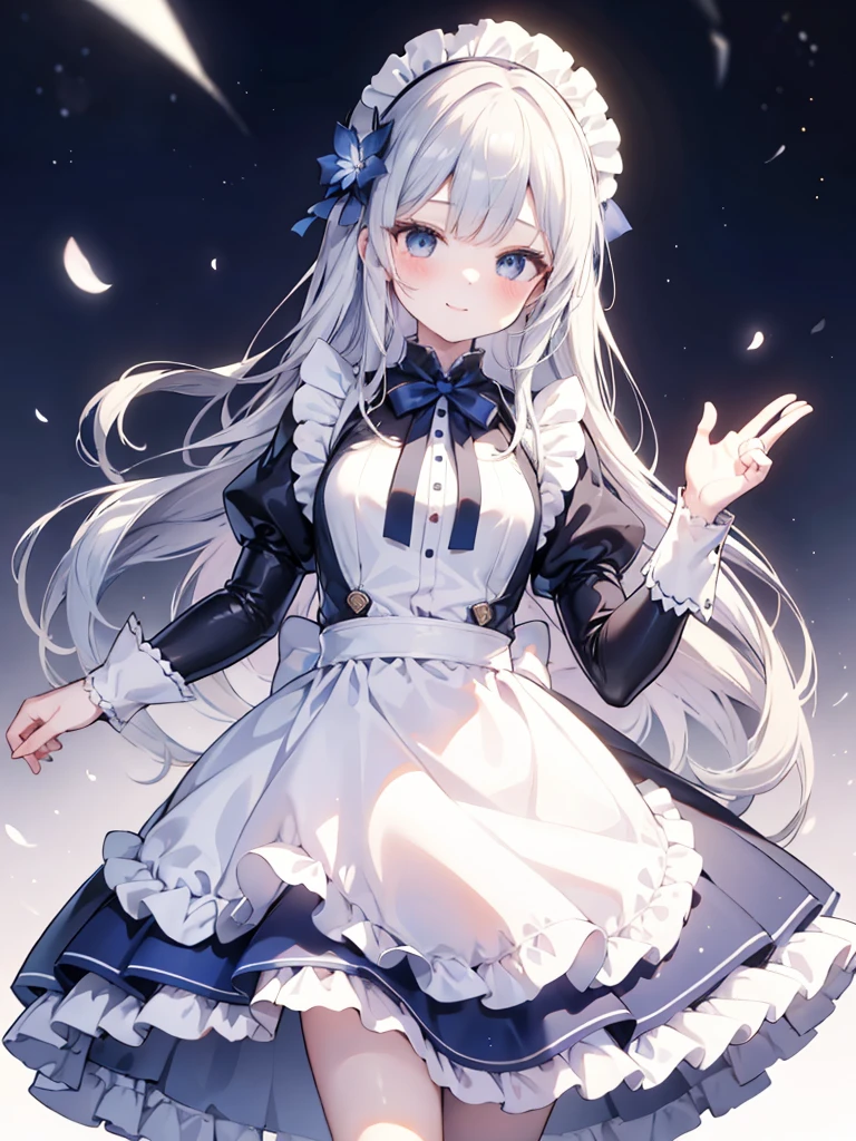 best quality,masterpiece,detailed face, uncensored, 1girl, solo focus, smile, blush, solo, full body, standing, dark blue hair, long hair,low tied hair, forehead, blue eyes, maid, maid headdress, dark blue dress, puffy sleeves, elbow gloves, white gloves, apron, long skirt, dark blue skirt, white thighhighs,Masterpiece, Top Quality Anime Illustration, Super Detail, One Girl, Solo, Beautiful Girl with Silver Hair, Anime , maid dress,Smile,(white background),((charming))、perfect proportions, cute woman, baby face, BREAK source_anime, high detail, looking at viewer,POV, large chest, best quality, highly detailed, young face,Droopy eyes,relaxed face,