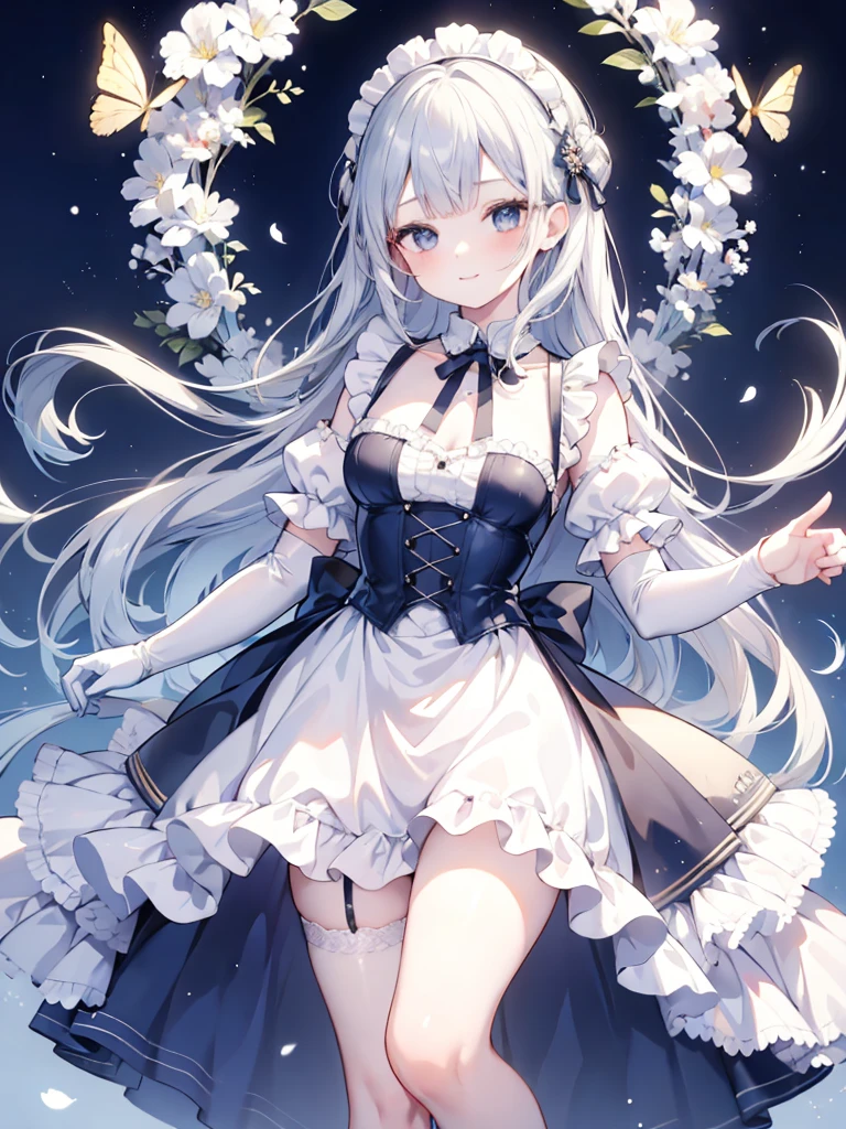 best quality,masterpiece,detailed face, uncensored, 1girl, solo focus, smile, blush, solo, full body, standing, dark blue hair, long hair,low tied hair, forehead, blue eyes, maid, maid headdress, dark blue dress, puffy sleeves, elbow gloves, white gloves, apron, long skirt, dark blue skirt, white thighhighs,Masterpiece, Top Quality Anime Illustration, Super Detail, One Girl, Solo, Beautiful Girl with Silver Hair, Anime , maid dress,Smile,(white background),((charming))、perfect proportions, cute woman, baby face, BREAK source_anime, high detail, looking at viewer,POV, large chest, best quality, highly detailed, young face,Droopy eyes,relaxed face,