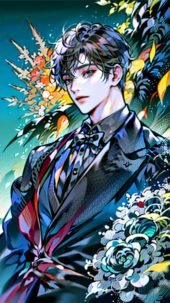 1man, manhwa, black hair, black eyes, wearing formal wear, ID photo, handsome, two block hair, HD, 8K