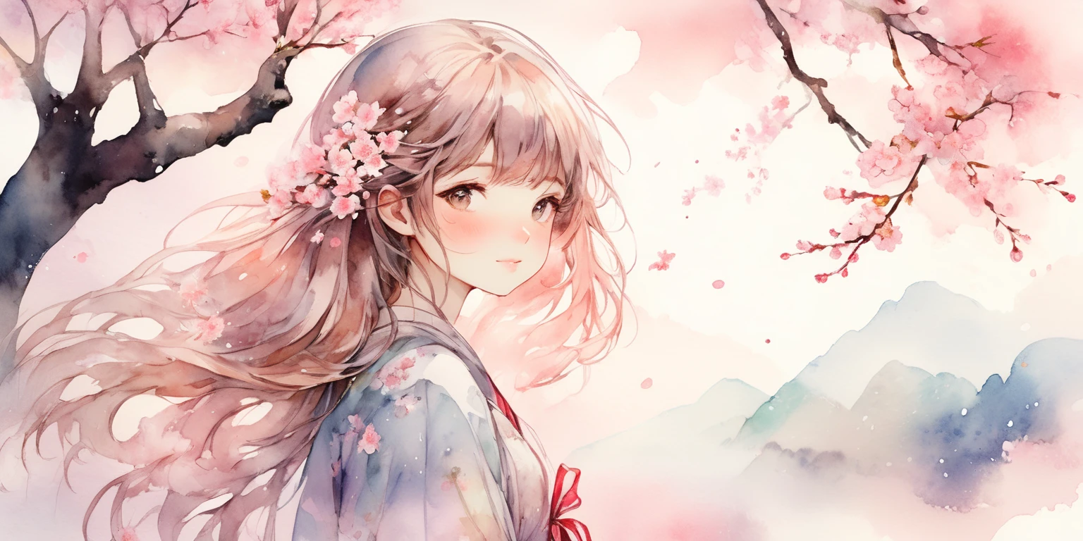 Absurd, High resolution, Super detailed, (One girl:1.3), Cute Blake
, Watercolor style, Soft Blending, Dreamy wash, Delicate texture,Cherry Blossom,bookmark