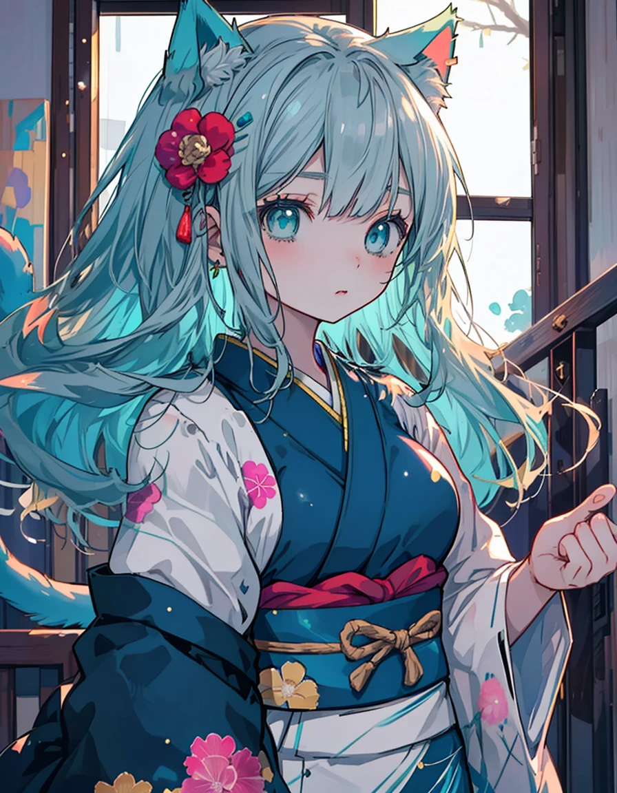 Lori, mini character, green hair, Japanese kimono, ((masterpiece, best quality:1.5)), ((Beautiful detailed cat aqua eyes:1.2)), cat ears, pale skin, medium breasts, beautiful hands, beautiful fingers, EasyNegative