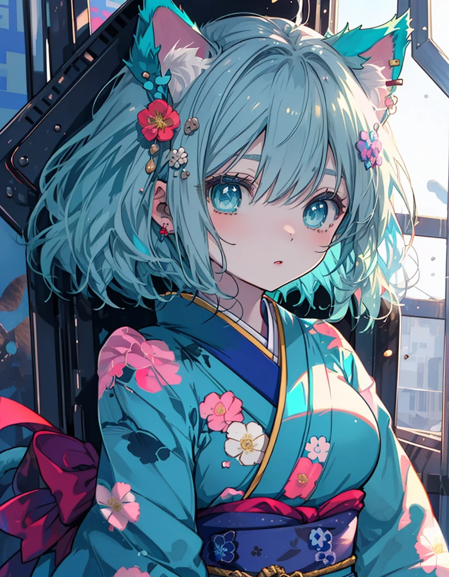 , mini character, green hair, Japanese kimono, ((masterpiece, best quality:1.5)), ((Beautiful detailed cat aqua eyes:1.2)), cat ears, pale skin, medium breasts, beautiful hands, beautiful fingers, EasyNegative