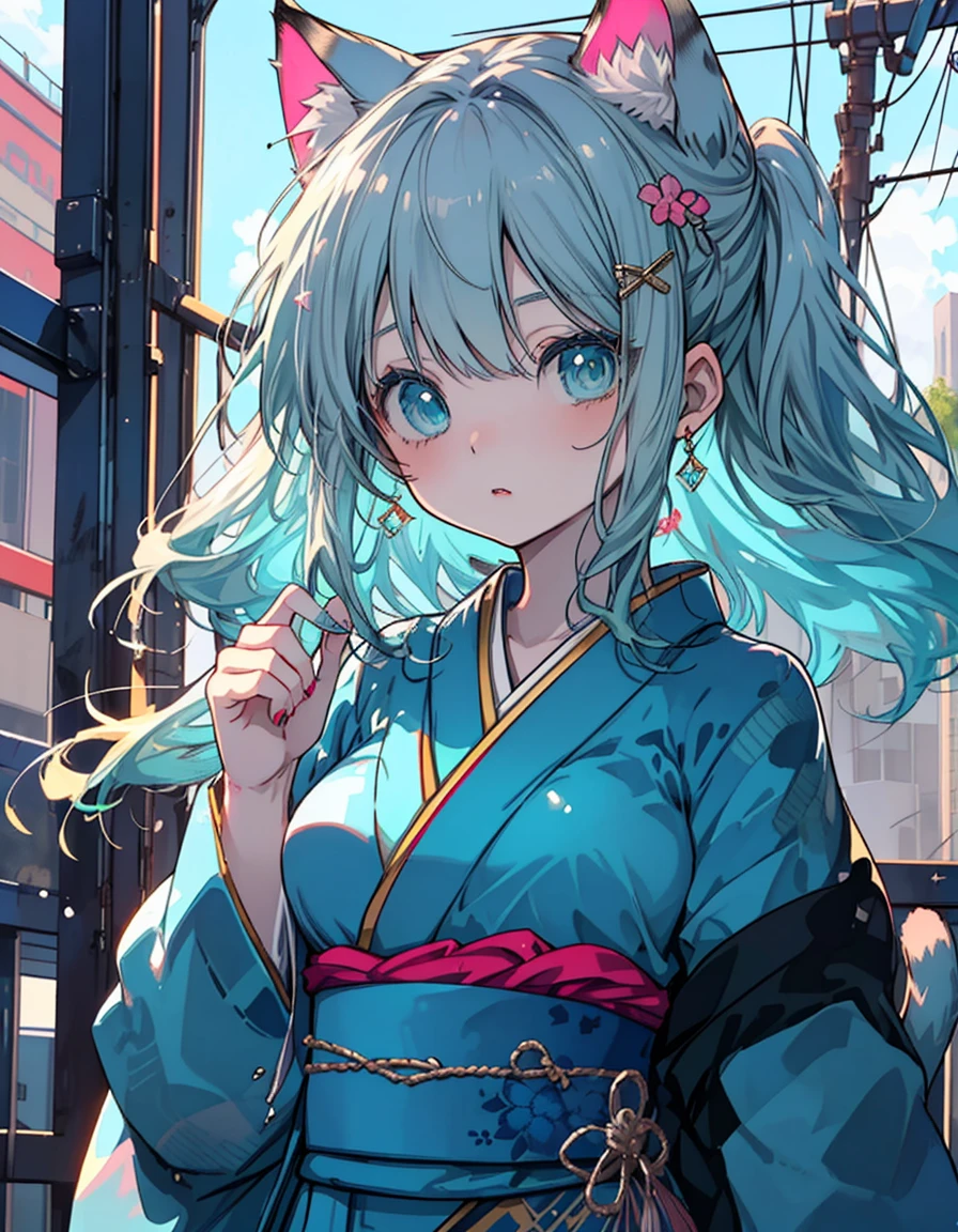 Lori, mini character, green hair, Japanese kimono, ((masterpiece, best quality:1.5)), ((Beautiful detailed cat aqua eyes:1.2)), cat ears, pale skin, medium breasts, beautiful hands, beautiful fingers, EasyNegative