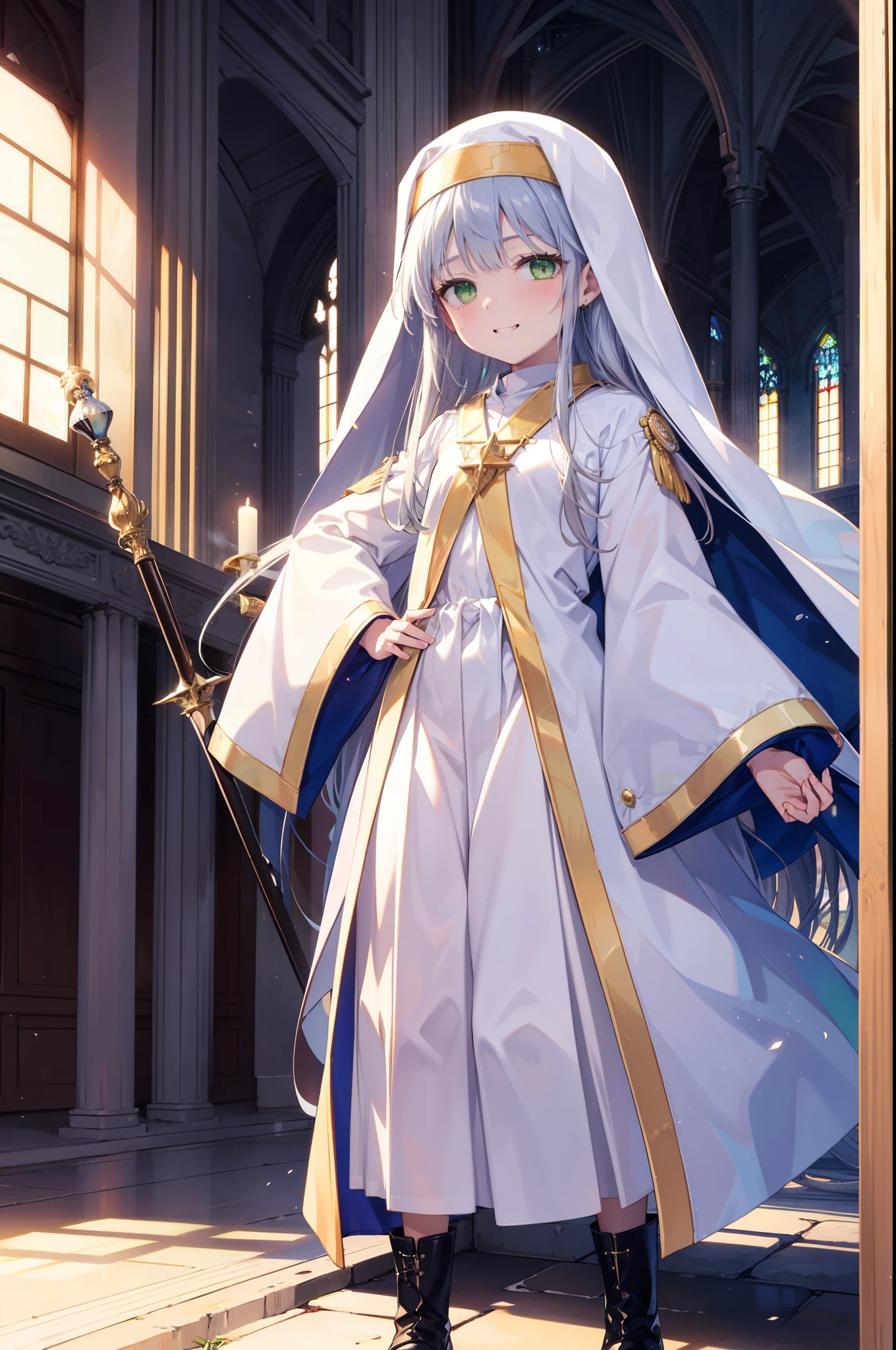 index, index, (Green Eyes:1.5), Silver Hair, Long Hair, (Flat Chest:1.2),Grin,
break habit, Long sleeve, Nuns, Robe, white Robe, Wide sleeves,Long skirt,boots,Put your right hand on your hip,In his left hand he holds a long sacred staff,whole bodyがイラストに入るように,
break looking at viewer, whole body,
break indoors, church,
break (masterpiece:1.2), Highest quality, High resolution, unity 8k wallpaper, (figure:0.8), (Beautiful attention to detail:1.6), Highly detailed face, Perfect lighting, Highly detailed CG, (Perfect hands, Perfect Anatomy),