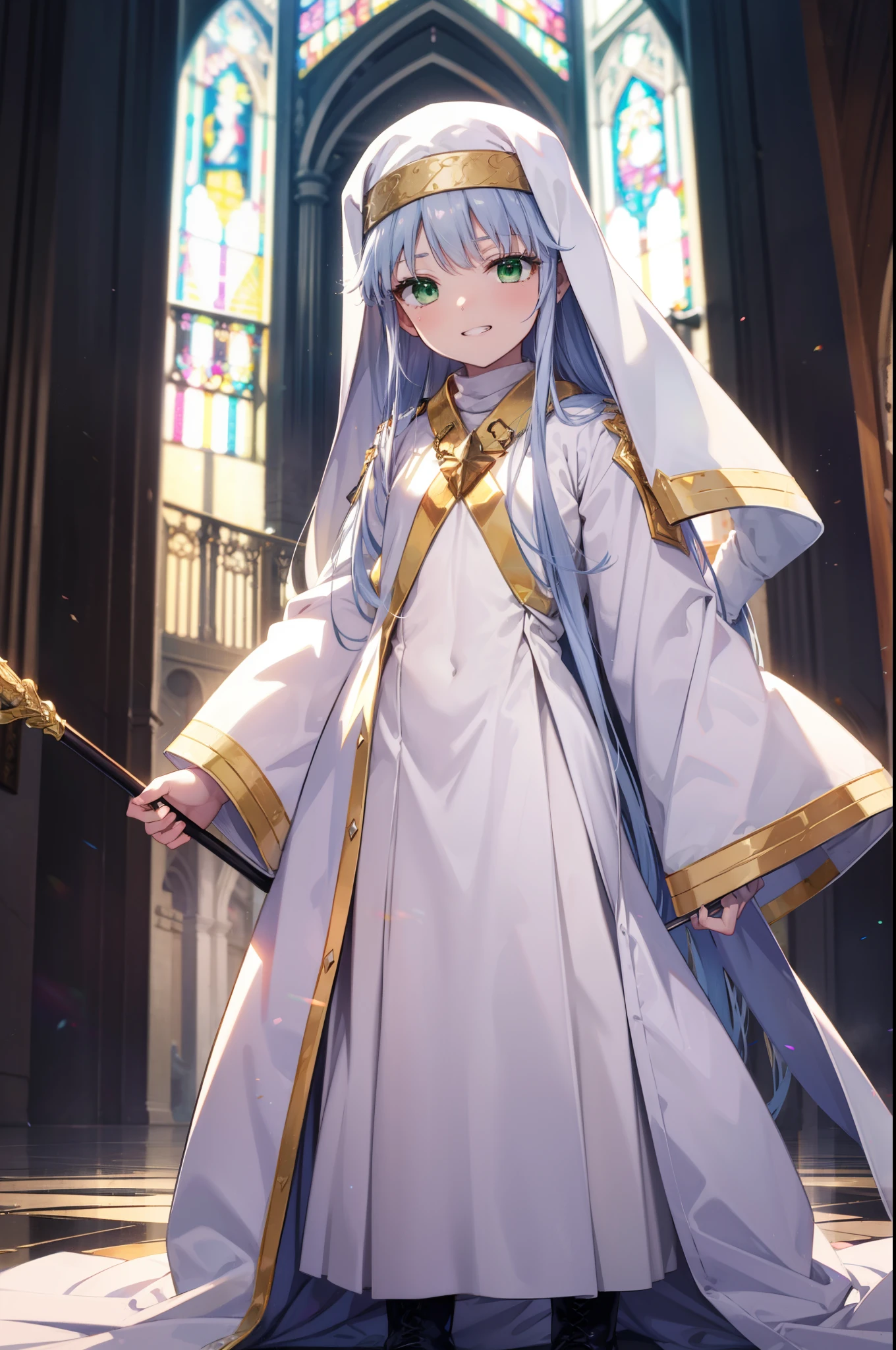index, index, (Green Eyes:1.5), Silver Hair, Long Hair, (Flat Chest:1.2),Grin,
break habit, Long sleeve, Nuns, Robe, white Robe, Wide sleeves,Long skirt,boots,Put your right hand on your hip,In his left hand he holds a long sacred staff,whole bodyがイラストに入るように,
break looking at viewer, whole body,
break indoors, church,
break (masterpiece:1.2), Highest quality, High resolution, unity 8k wallpaper, (figure:0.8), (Beautiful attention to detail:1.6), Highly detailed face, Perfect lighting, Highly detailed CG, (Perfect hands, Perfect Anatomy),