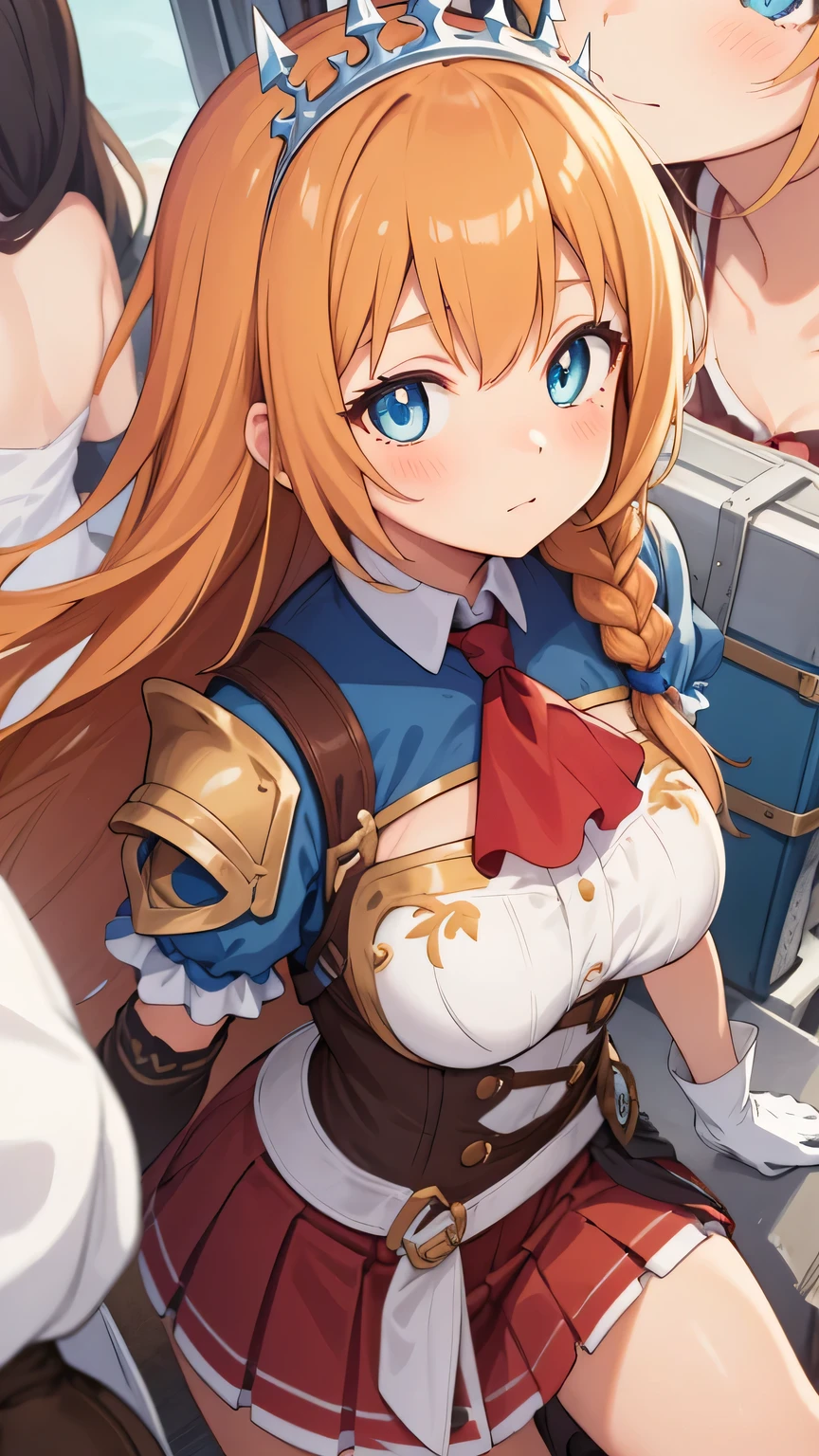 {{{masterpiece}}}, {{{best quality}}}, {{ultra-detailed}}, {illustration}, {{an extremely delicate and beautiful}}, (beautiful detailed eyes:1.6), extremely detailed face, 8k, anime face, Pecorine(Princess Connect!), 1 girl, cute face, blue eyes, hair ornament, long hair, orange hair, tiara, braid, hair braid, ahoge, medium breasts, thin waist, big hips, curvaceous, arm belt, armor, ascot, blue socks, boots, dress, gloves, hair ornament, open clothes, open dress, pauldrons, pleated skirt, puffy short sleeves, puffy sleeves, red ascot, red skirt, white petticoat, short sleeves, shoulder armor, single pauldron, skirt, socks, white dress, white footwear, white gloves