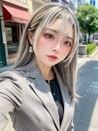 8K, RAW Photos, Fujifilm, Beautiful 20 year old woman style photo, (((Gray Hair:1.3,美しいGray Hairのストレートヘアー、シルキーなGray Hair)))、(((suit:1.5,))) Gold earrings, (Highly detailed skin: 1.2), Light medium brown hair, Film Grain, 35mm, Cute Style、Open your mouth、(((Standing 1.5)))、Selfie with smartphone