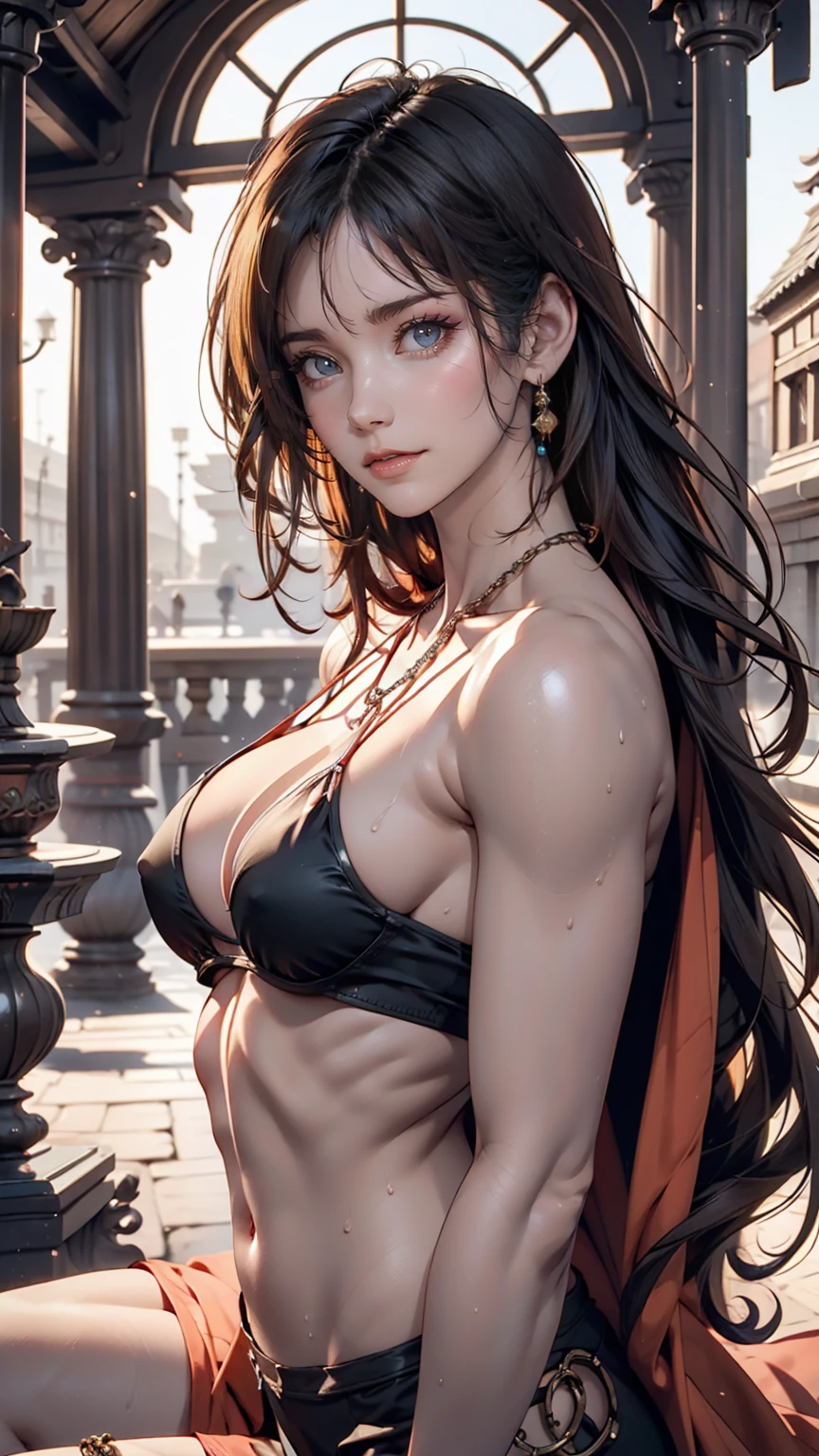 beautiful alluring egyptian queen rihanna, Fair skin, Incredibly toned body, Sunburn, Sweaty skin, At the riverside desert temple, beautiful D&D. Character Portrait, Unlucky, Dark fantasy, Biopunk, detailed, Fiverr Dnd Character, Octane Rendering, Digital Art, Attention to detail, 4K, Ultra HD, Polished, beautiful, 超detailedな, Complex, Elaborate, Scrupulous, Anime characters, detailed, Grunge, Sharp focus, Wow, Character Design, Unreal Engine, 3D Rendering, Volumetric lighting, reflection, Shiny, Digital Illustration, Sensual pose, Provocative pose, Obscene, Full Body Shot, Anatomically correct, Micro bikini with jewels, Chain ornament, Firm breasts, 💖❤💕💋❣