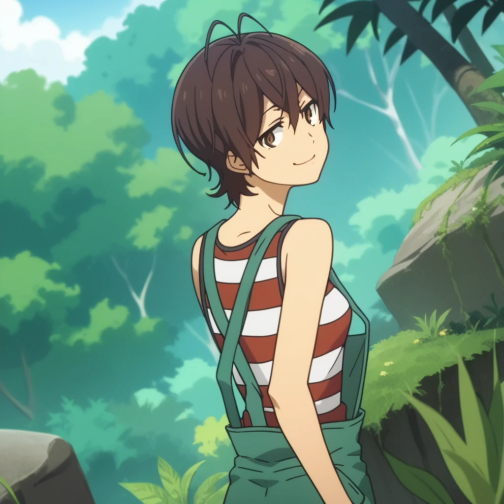 score_8_up, score_7_up, score_6_up, source anime, anime screencap, miwa, overalls, jungle, trail, looking back, looking at viewer, from behind, smirk, half-closed eyes, cowboy shot, dutch angle,