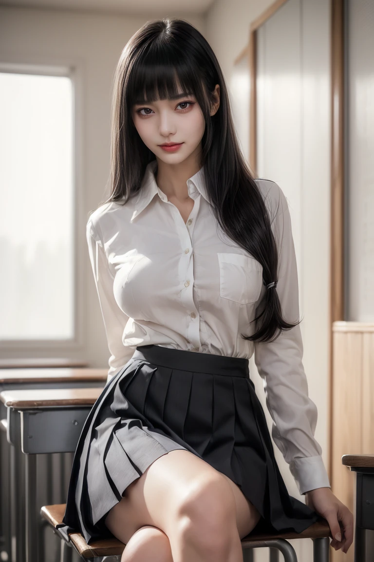 (Skirt lift:1.5),((Crossing your legs:1.5)),Ultra-high resolution、(((Blunt bangs, Princess Bang))), (((Very heavy,Voluminous bangs:1.1))),(((very length, Very heavy,Very voluminous side locks:1.1))),, Princess Cut, Straight bangs hairstyle, Round face with Blunt bangs, length, Glossless hair、Bangs cut straight,(masterpiece, Highest quality:1.5), (Ultra-fine 8K CG:1.4), (hyperRealistic:1.25), (PhotoRealistic:1.25), (Realistic:1.4), Cowboy Shot, (One from the front.4), (smile1.3), Beautiful Japanese Girl, , Supermodel, Japanese Idols, (smile), Big Breasts, Sweat、(school uniform:1.5)、(sitting on a chair in the classroom)、Accentuate your cleavage:1.5、Black Hair:1.2、Full body image、((Real person:1.5))、((From below:1.5))