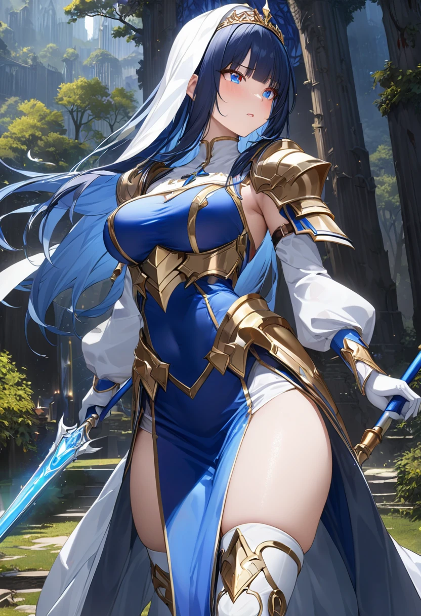 Highest quality、unity 8k wallpaper、32k、masterpiece、Very detailed、Ultra-high resolution、Very detailedな顔, RAW Photos, Professional, Ultra-fine painting, (((A saint who fell into pleasure)))、(((corrupt_girl)))、Midnight blue long straight hair、Platinum tiara with blue gemstones、Blue Nun Cape、Red Eyes、(Tree Eyes), Cool and sharp features, hime cut, 20～A female magical warrior, about 24 years old.、White and gold breastplate、Blue and white leotard、(((Blue and white gold-embellished long pencil skirt with side armor and long slits)))、Half puff sleeves with shoulder pads、A large white ribbon with a large sapphire on the chest、White and blue long gloves、(((White and blue thigh-high stiletto boots:1.0)))、whole body、He has a spear with a glowing blue blade, in heat, 