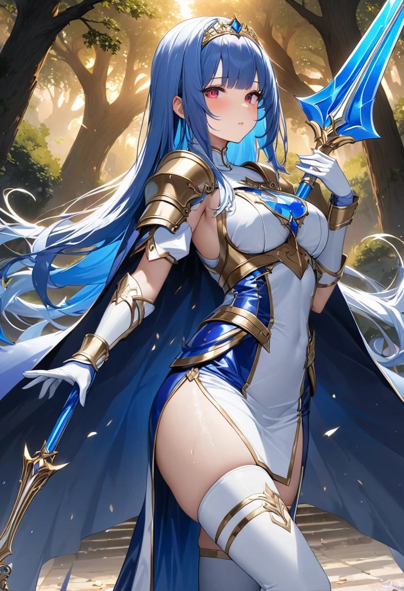 Highest quality、unity 8k wallpaper、32k、masterpiece、Very detailed、Ultra-high resolution、Very detailedな顔, RAW Photos, Professional, Ultra-fine painting, (((A saint who fell into pleasure)))、(((corrupt_girl)))、Midnight blue long straight hair、Platinum tiara with blue gemstones、Blue Nun Cape、Red Eyes、(Tree Eyes), Cool and sharp features, hime cut, 20~A female magical warrior, about 24 years old.、White and gold breastplate、Blue and white leotard、(((Blue and white gold-embellished long pencil skirt with side armor and long slits)))、Half puff sleeves with shoulder pads、A large white ribbon with a large sapphire on the chest、White and blue long gloves、(((White and blue thigh-high stiletto boots:1.0)))、whole body、He has a spear with a glowing blue blade, in heat,
