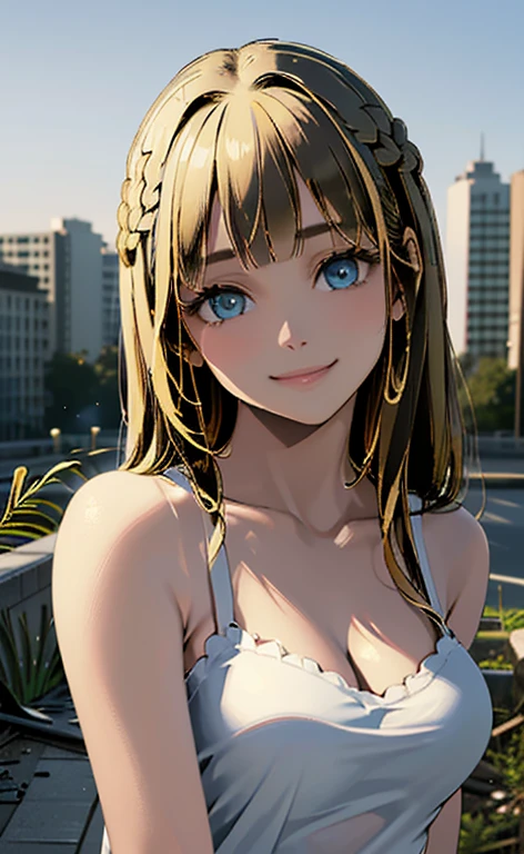 (masterpiece:1.5、Photorealistic:1.4,High Saturation:1.4、high resolution:1.4)、,(spot light:1.2、Exquisite beautiful eye:1.5,)、
(kind eyes、tareme:1.4),()、(Cute Face、Eyes in Love:1.4)、(blonde hair:1.5)、(middle hair:1.5),(sidelock :1.9),(blunt bangs:1.3),(1 girl)、(aqua eyes:1.2)、(upper body:1.5)、(smile:1.5)),(stand)、()、(head tilt) ,(),(medium breasts),(),(white camisole:1.5),(),(Abandoned city overrun by plants:1.5)、()、()、Slim Body(),Shiny Hair、girl、zydG