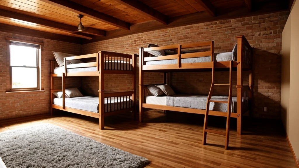 Very simple brick house interior,Very long bunk bed,Empty scene,No furniture,No windows,Without sunlight,night