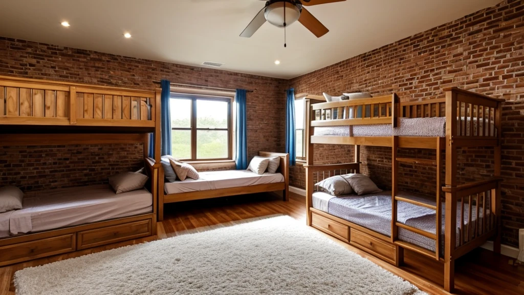 Very simple brick house interior,Very long bunk bed,Empty scene,No furniture,No windows,Without sunlight,night
