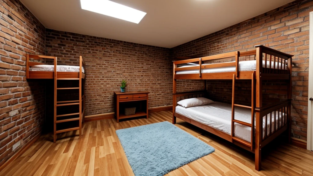 Very simple brick house interior，Very long bunk bed，Empty scene，No furniture，No windows，Without sunlight，night