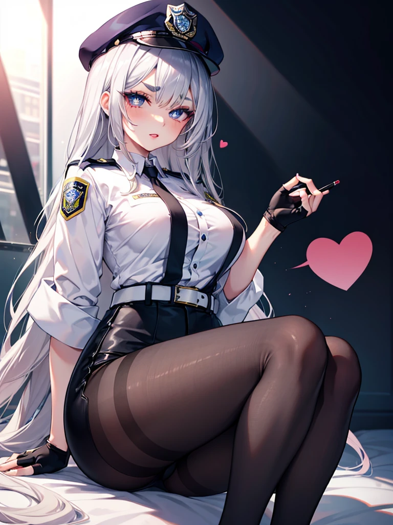 mature_female,silver hair,lipstick,eyeshadow,long_eyelashes,thick eyebrows,ahegao,jitome,heart-shaped_pupils,black_pantyhose,fingerless_gloves,police_uniform,long hair,