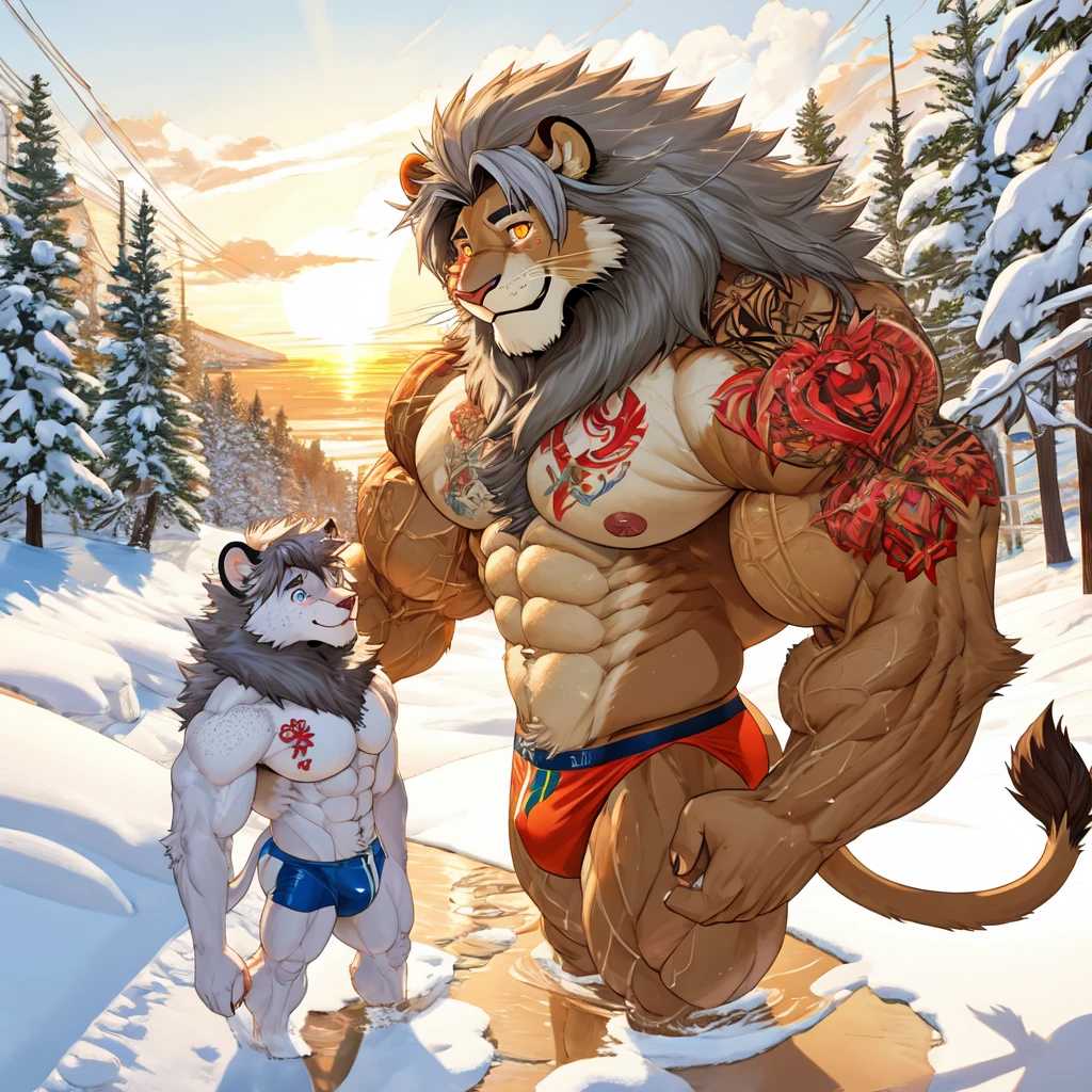 (masterpiece, Best quality:1.2), Lion Boy, winter, body covered in light red fur, Furry style, Muscle flex, sexual, horny, very muscular wild ,full height,very short silver hair,freckles on the body and face,glowing amber eyes,defined muscles,sharp focus, friendly, in speedos, tatoo over biceps