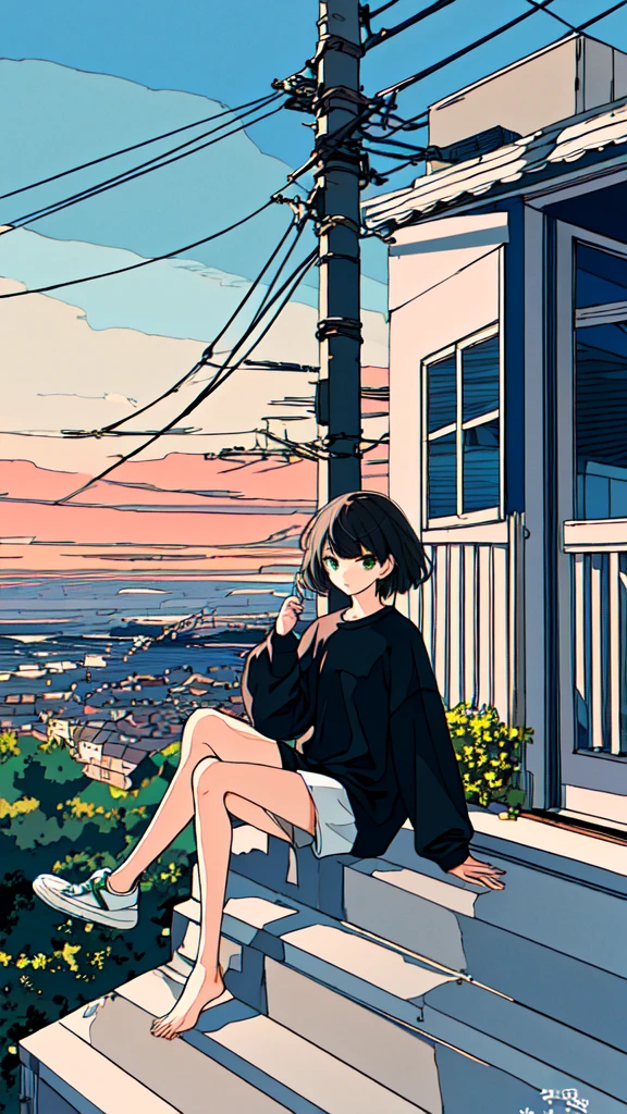 masterpiece, intricate details,highest quality, 1 girl, alone, handrail, cloud, sitting, outdoor, whale, short hair, shoes, null, long sleeve, sneakers, power line, 白いshoes, black hair, looking at the viewer, telephone pole, bangs, cloudy null, fish, bird, green eyes, shorts, animal, Day, black shirt, barefoot