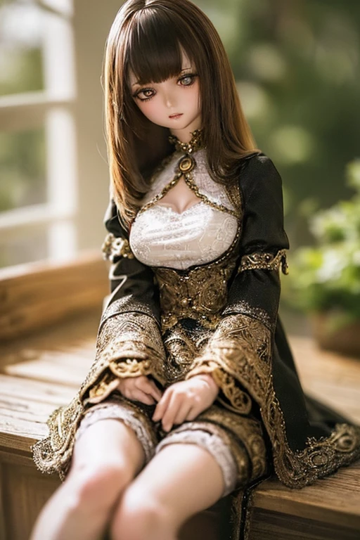photorealistic, realistic photo, ((highest quality)), ((masterpiece)), (extremely detailed), kukolnydom, doll, (mature woman:1.6), solo, ((cowboy shot)), sitting on crate, arms on sides, green eyes, brown hair, parted lips, (looking down, blank eyes, empty eyes, detailed eyes:1.3), dress, warehouse, 8k