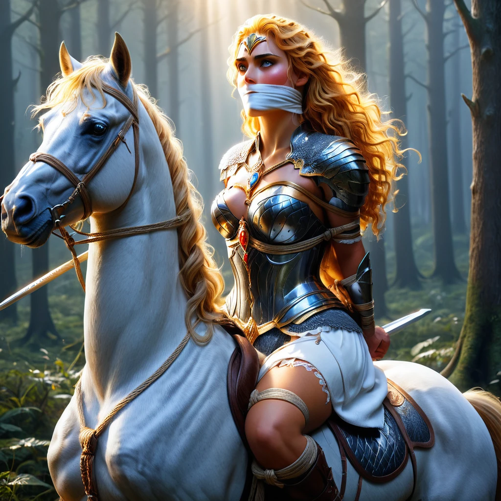 (best quality,4k,8k,highres,masterpiece:1.2),ultra-detailed,(realistic,photorealistic,photo-realistic:1.37),sexy Valkyrie, ch4irtied on a horse, otm gag, bound with golden ropes, watch,shimmering armor,flowing golden hair,commanding presence,majestic posture,ethereal beauty,mythical landscape,intricate details,celestial lighting,vivid colors,surreal atmosphere,dramatic skies,fierce determination,legendary warrior,mythological creature,heavenly background,divine aura,graceful movement,captivating gaze,majestic sword,enchanted forest