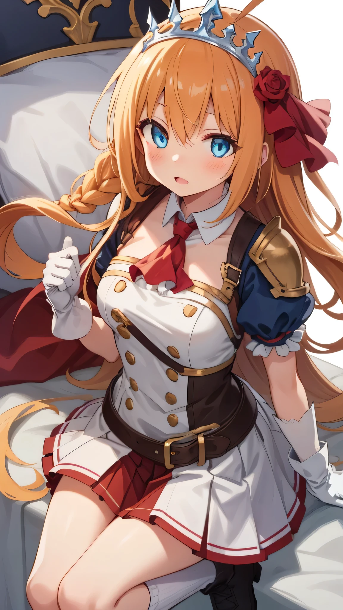 {{{masterpiece}}}, {{{best quality}}}, {{ultra-detailed}}, {illustration}, {{an extremely delicate and beautiful}}, (beautiful detailed eyes:1.6), extremely detailed face, 8k, anime face, Pecorine(Princess Connect!), 1 girl, cute face, blue eyes, hair ornament, long hair, orange hair, tiara, braid, hair braid, ahoge, medium breasts, thin waist, big hips, curvaceous, arm belt, armor, ascot, blue socks, boots, dress, gloves, hair ornament, open clothes, open dress, pauldrons, pleated skirt, puffy short sleeves, puffy sleeves, red ascot, red skirt, white petticoat, short sleeves, shoulder armor, single pauldron, skirt, socks, white dress, white footwear, white gloves