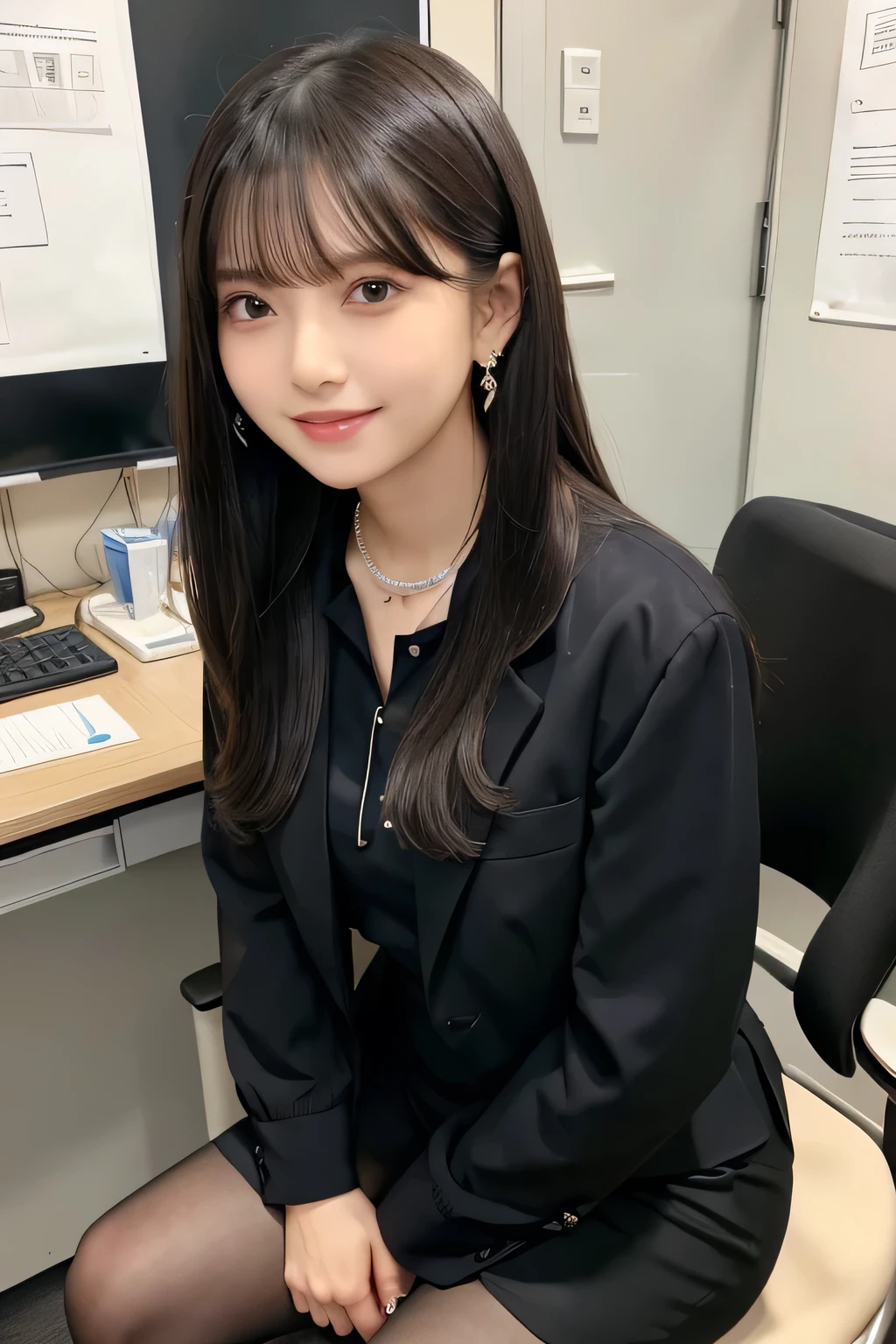 Beautiful young woman、 Sitting in an office chair and working、Black Hair、Necklace around the neck、Office Lady Suits、Jacket、Unbuttoned shirt、Knee-length skirt、tights、、Full body photo、smile、Beautiful teeth alignment、Wavy Hair、short hair、Intricate details, Very detailed:1.2), 、 Looking into the camera,The background is the office、Necklace around the neck、Dark eyeliner、ear piercing