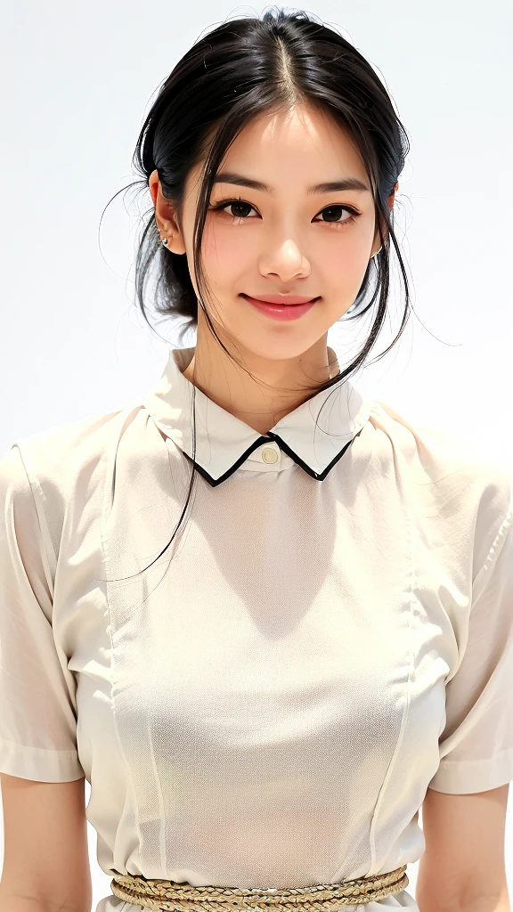(1 woman:1.99)、(Wide forehead、Very short hair、Very small amount of hair、Forehead、Fuji frame:1.1)、Sunburn、、Naughty、Happy expression、満面のsmile、Weakness、I feel very comfortable alone、(Golden and white futuristic clothing),((Very sleepy、Improves skin texture,smile、Narrow eyes、Very weak eyesight、Very weak eyeliner、Half-closed eyes、I know the shape of your head、Oval Face))、(slicked back hair:1.25)、Photographic, Raw photo, Mastepiece, Highly detailed photos, Digital SLR, Photo-realistic 1.4, Super hello nothing, Best Quality,(standing、tilting your head、whole body:1.5)