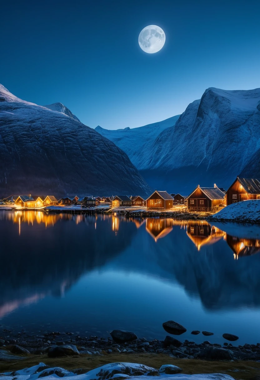 at night, Viking village in Norwegian fjord between snowy mountains, beautiful moonlit lake fjord, good lighting, realistic image, masterpiece, high quality 8K, sharp focus