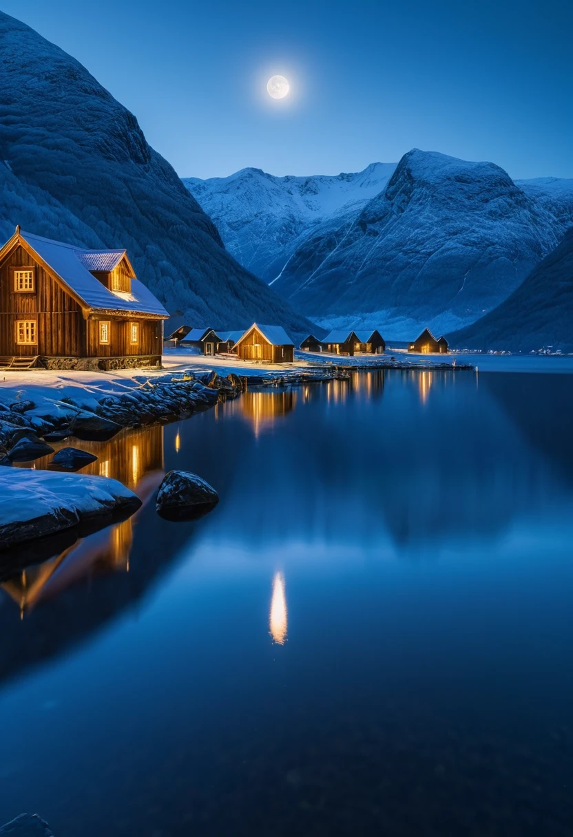 at night, Viking village in Norwegian fjord between snowy mountains, beautiful moonlit lake fjord, good lighting, realistic image, masterpiece, high quality 8K, sharp focus