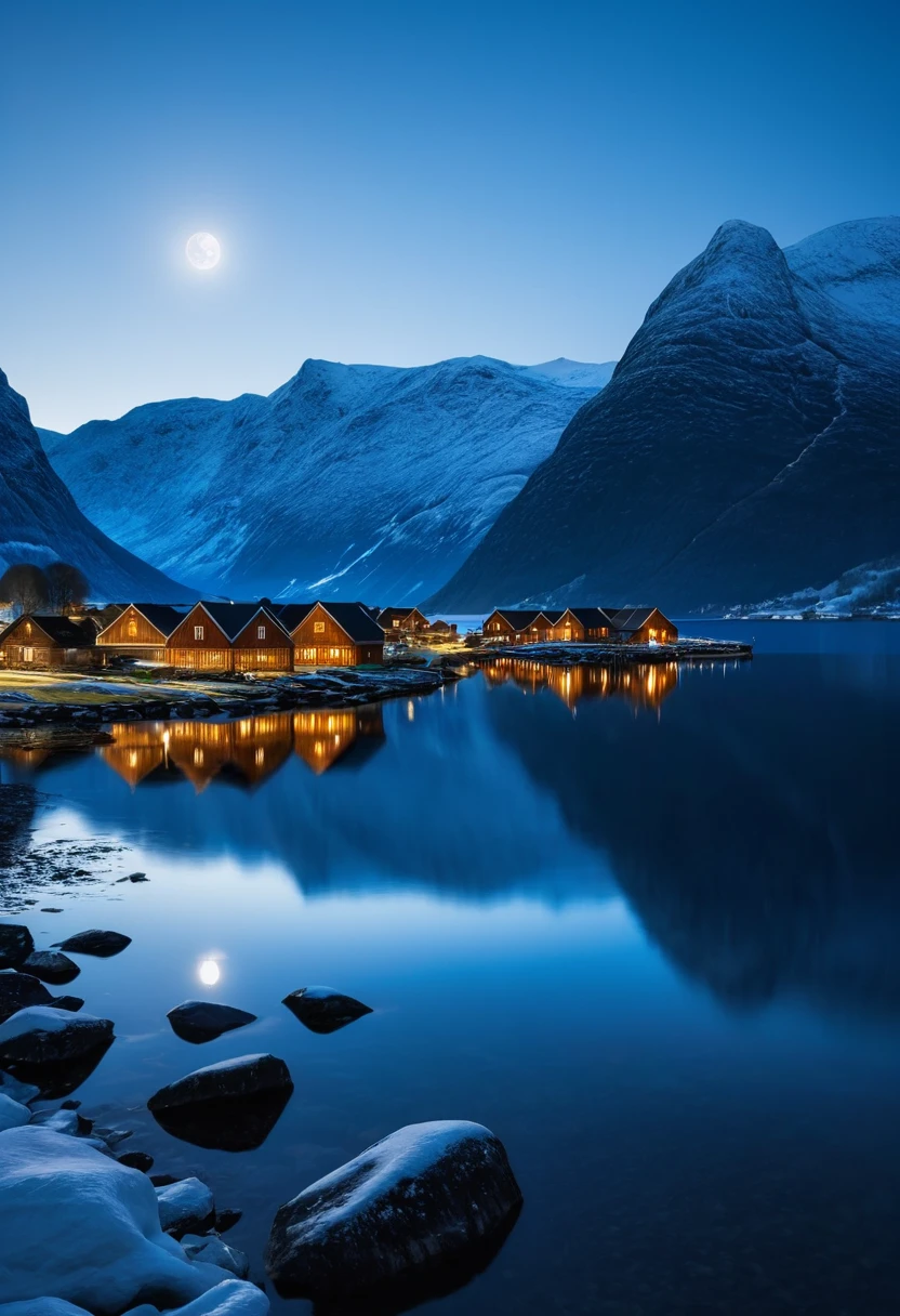 at night, Viking village in Norwegian fjord between snowy mountains, beautiful moonlit lake fjord, good lighting, realistic image, masterpiece, high quality 8K, sharp focus