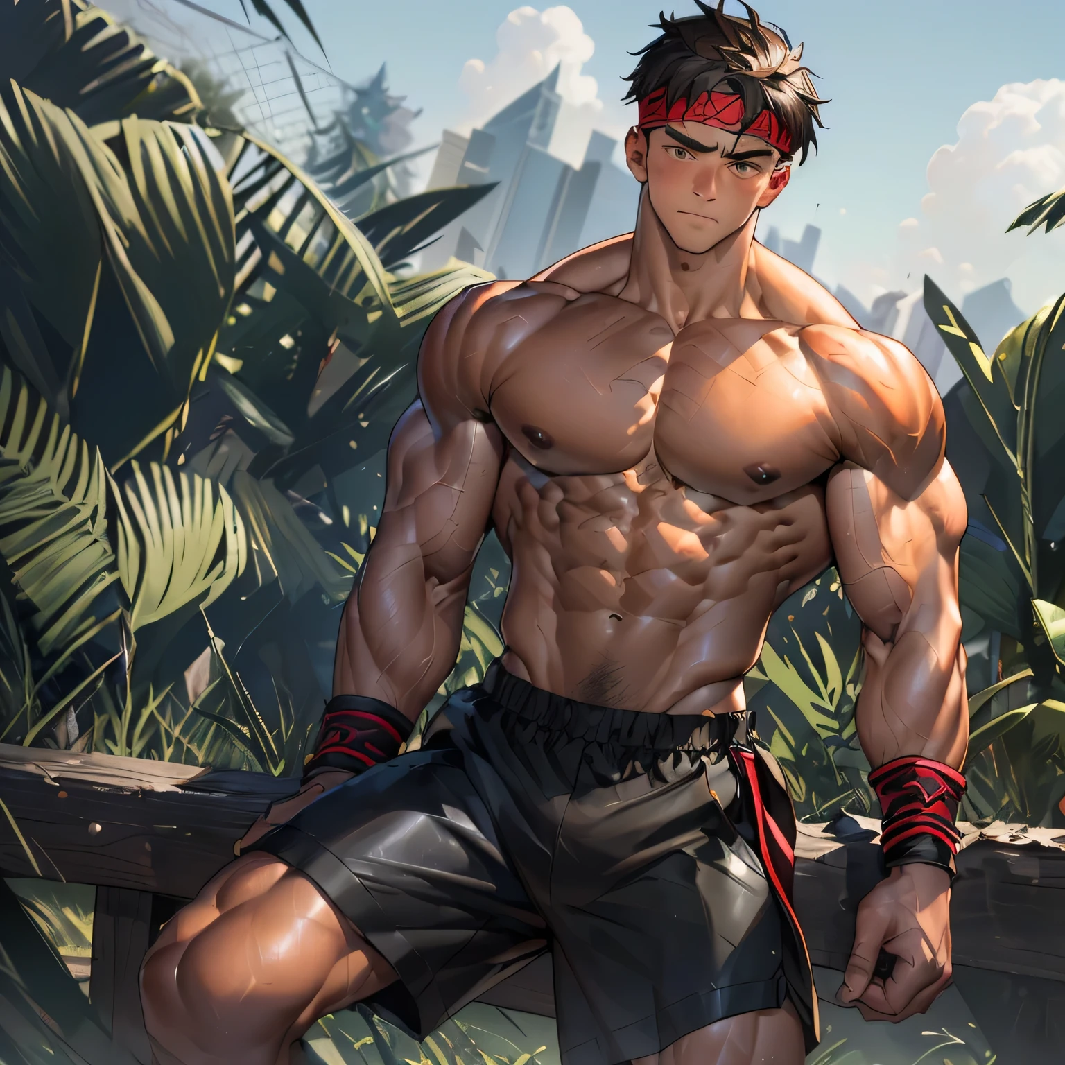 (Masterpiece, Best quality 17 year old boy, night background, looking away, standing front), ((((solo)))), Young, boy, muscler, Shirtless, topless, (Dark Short straight hair, ((almost completely shaved hair)), under cut, brown eyes), (red headband, ((leather fingerless grobe, black wristband))), ((hot Abs:1.2, big breast:1.2, upper arms, ((beautiful skin, jacked muscle, beautiful musculature, aesthetic striations, inspirational physique, lean muscle, beautiful v-taper, great abs and torso, chiseled abs, chiseled pecs, with his jet black military haircut and voluminous neck)))), Vivid colors, detailed face, detailed muscle, (((rippling muscles, struggle, combats, fighting, serious, martial arts stance, ready to fight)))