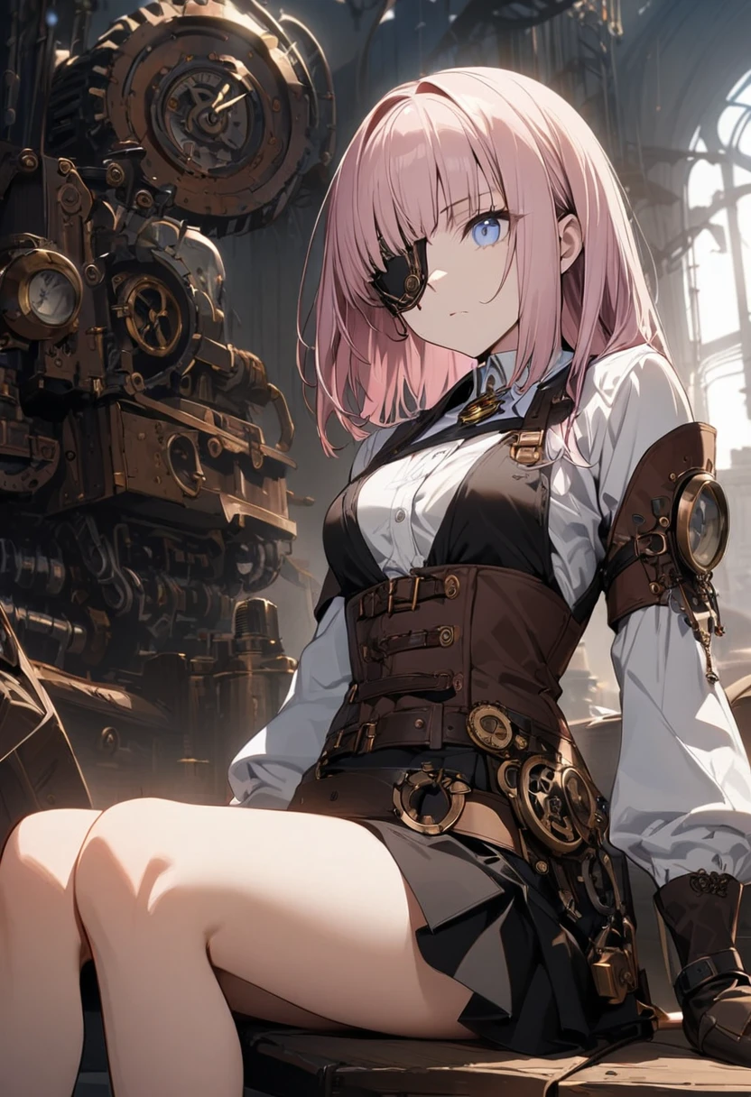 1 girl, human, expressionless, beautiful girl, light pink hair, light blue eyes, hime cut, steampunk, skirt, mechanical eyepatch, sitting, masterpiece, best quality, anime