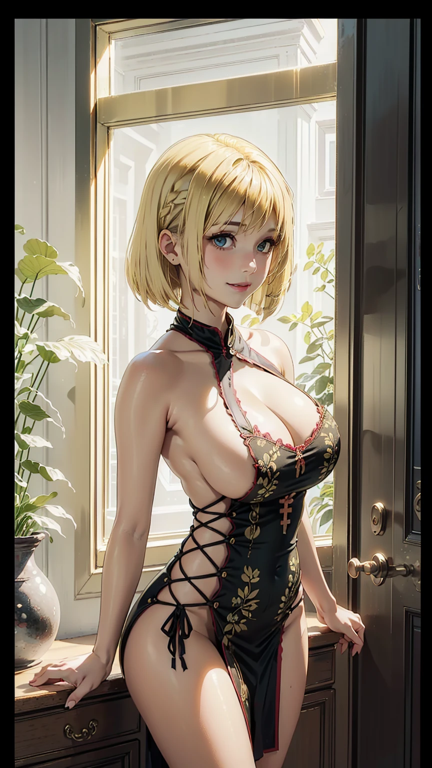 (Adult woman), (blonde hair style:1.9),alone, masterpiece,huge breast, looking at viewer, detail eyes, (detail face:1.2), standing,  (front view), (Sideless Cross-Laced China Dress), (half body shot:1.5), looking at viewer, (cleavage), red and black dress, smile, perfect breast, indoors, night