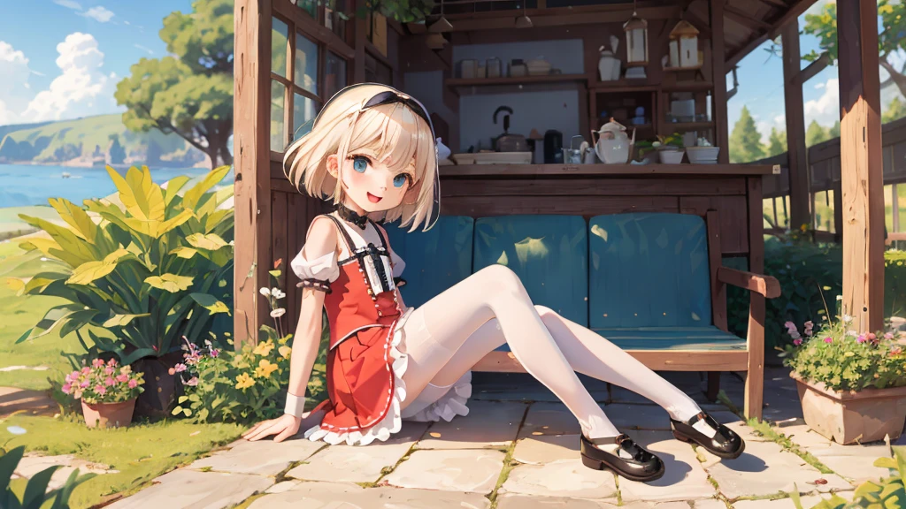 Highest quality, Ultra-detailed, Lolita Fashion, One Girl（8-year-old）,Beautiful girl，Laughter， Arms crossed, Platinum Blonde Hair, At Moai Island，Flat Chest，Perfect limbs，The morning sun shines、pantyhose、Spread your legs、Long skirt