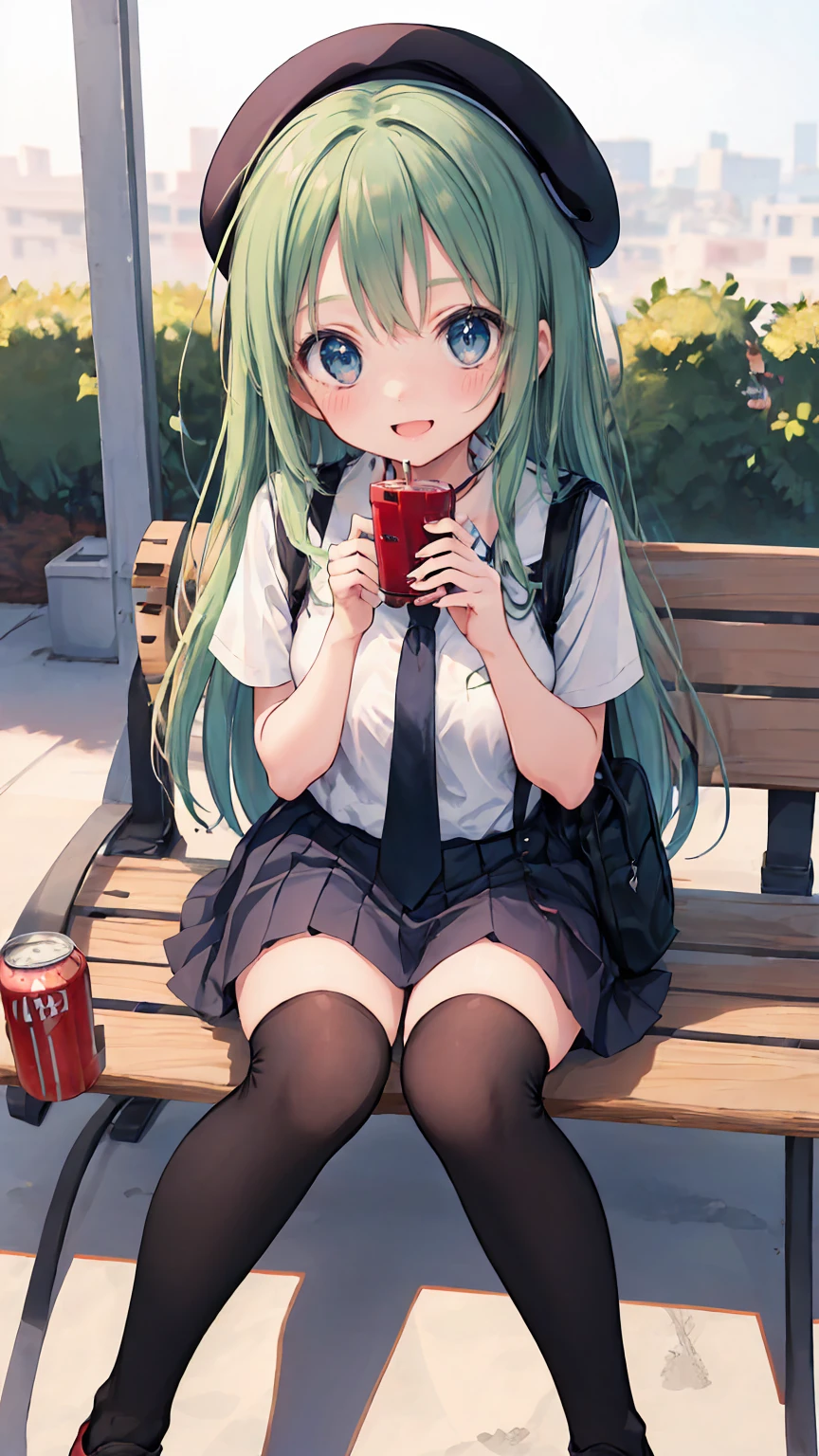 (masterpiece, highest quality), High resolution, Detailed face:1.2, (anime_style:1.2), Sharpness, 4K, A woman taking a photo, happy smile, Panic face, upset, Open your mouth, Long Hair, Green Hair, Straight hair, Fine skin, Beautiful Hands, Beautiful fingers, Wearing a beret, tie, Short sleeve blouse, Pleated skirt, school bag, Thighs, Absolute area, Knee socks, hand between legs, Hot summer day, School, Schoolyard, Sitting on a bench, holding Canned juice, Natural light, Sharp focus, Hasselblad Photography, Cinema Lighting, whole body, Canned juice,