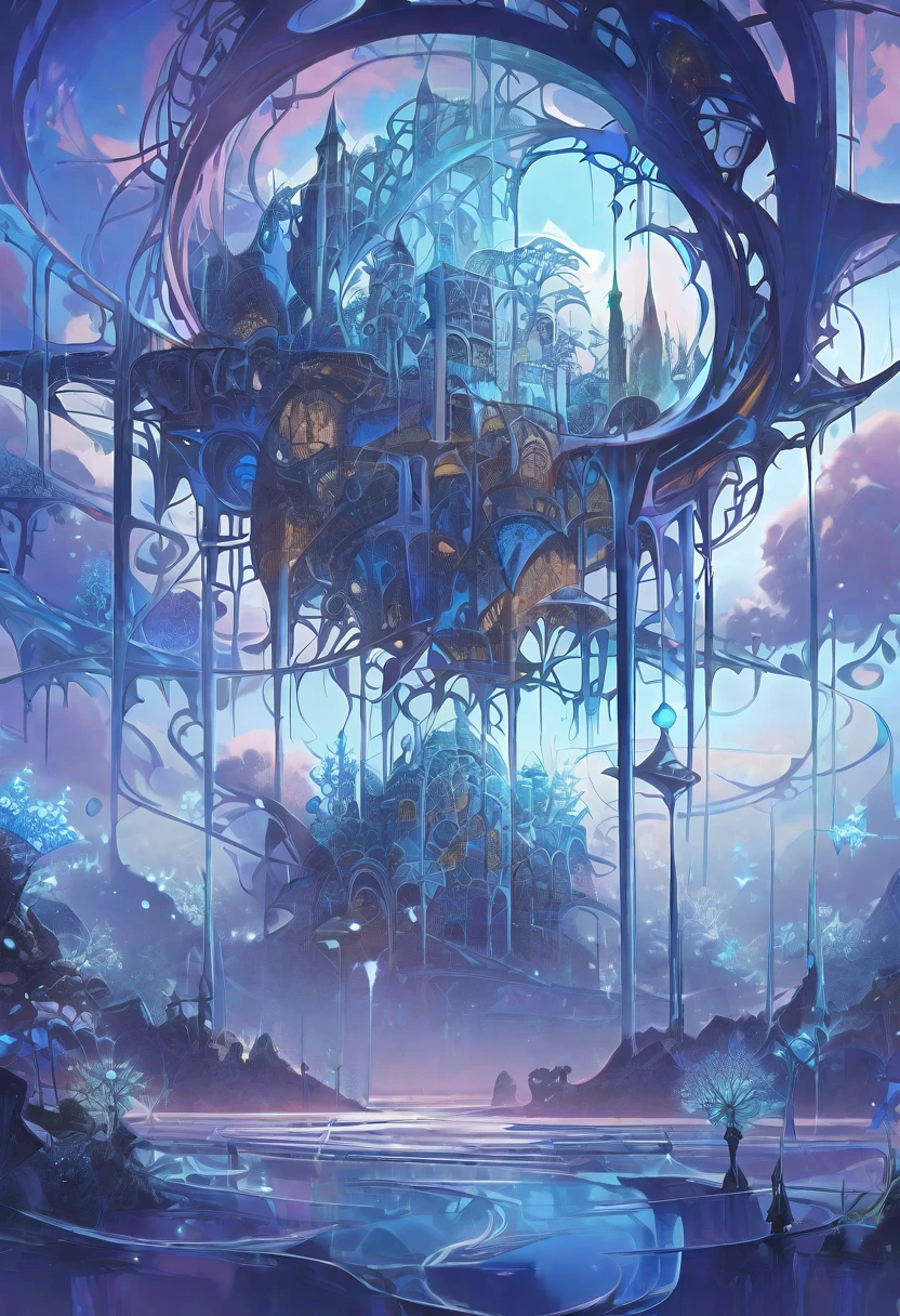 ((masterpiece)), (anime:1.3), ((Highest quality)), (Abstract art:1.5), (High resolution), (pale colour), Wide Shot, (Fractal structure:1.5), , landscape, (beautiful), (Biological atmosphere), deep sea, (pretty girl), beautiful白い髪, transparent Glass ice mirror Blue rose water晶 透き通っている water prism
