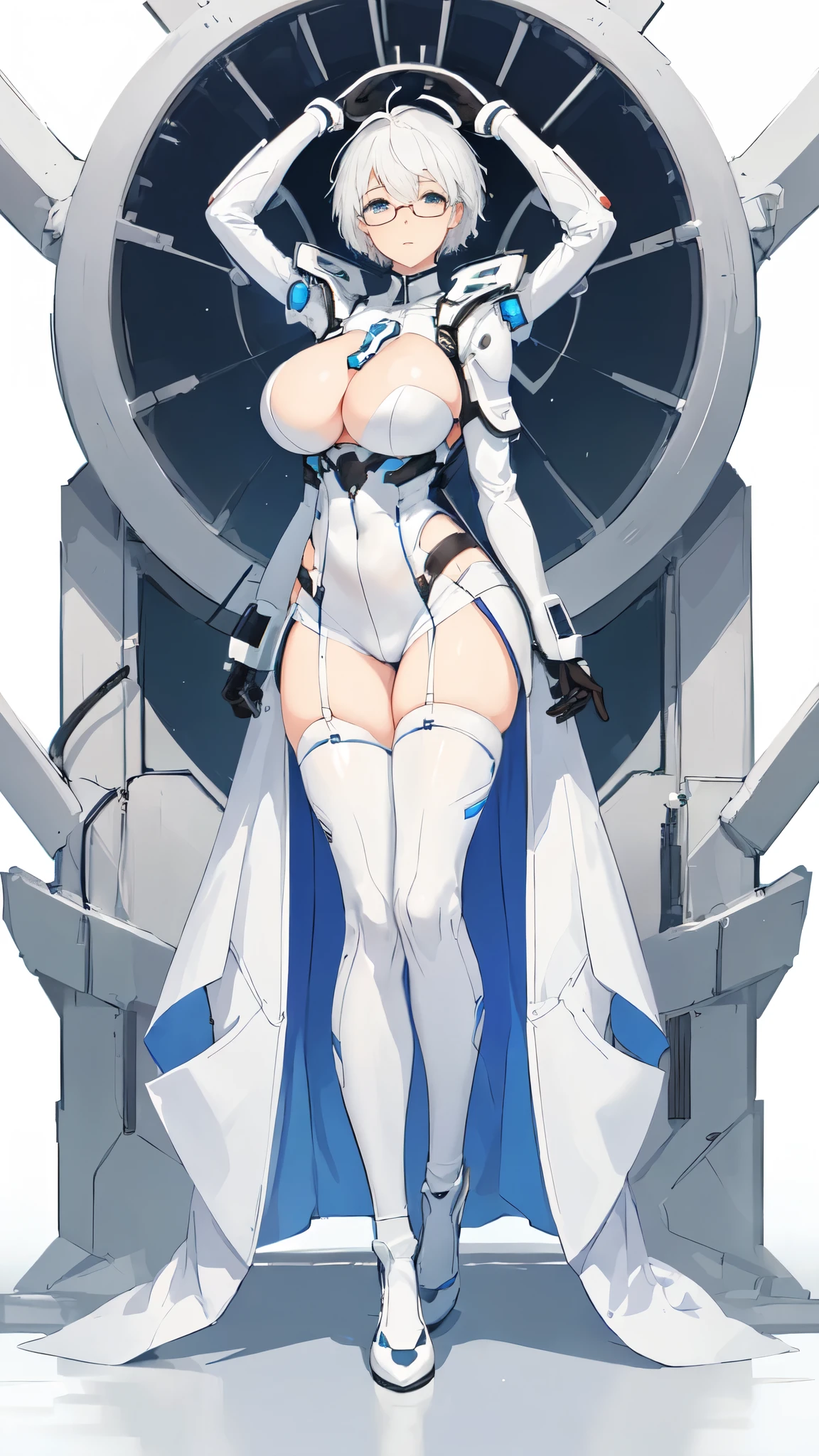 (one anime girl, glasses, white short hair, huge , white futuristic suit, watching on viewer, in a shy pose), ((white background)),(((in full growth,full body)))