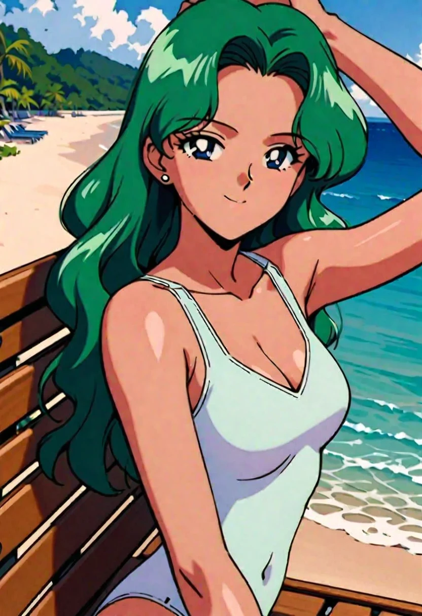 masterpiece,best quality,very aesthetic,ultra detailed,intricate details,Sailor Neptune XL,1990s \(style\),1girl,solo,white swimsuit,stud earrings,long hair,green eyes,green hair, beach, standing, by bench,happy smile,