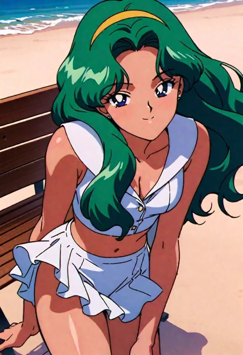 masterpiece,best quality,very aesthetic,ultra detailed,intricate details,Sailor Neptune XL,1990s \(style\),1girl,solo,white swimsuit,stud earrings,long hair,green eyes,green hair, beach, standing, by bench,happy smile,