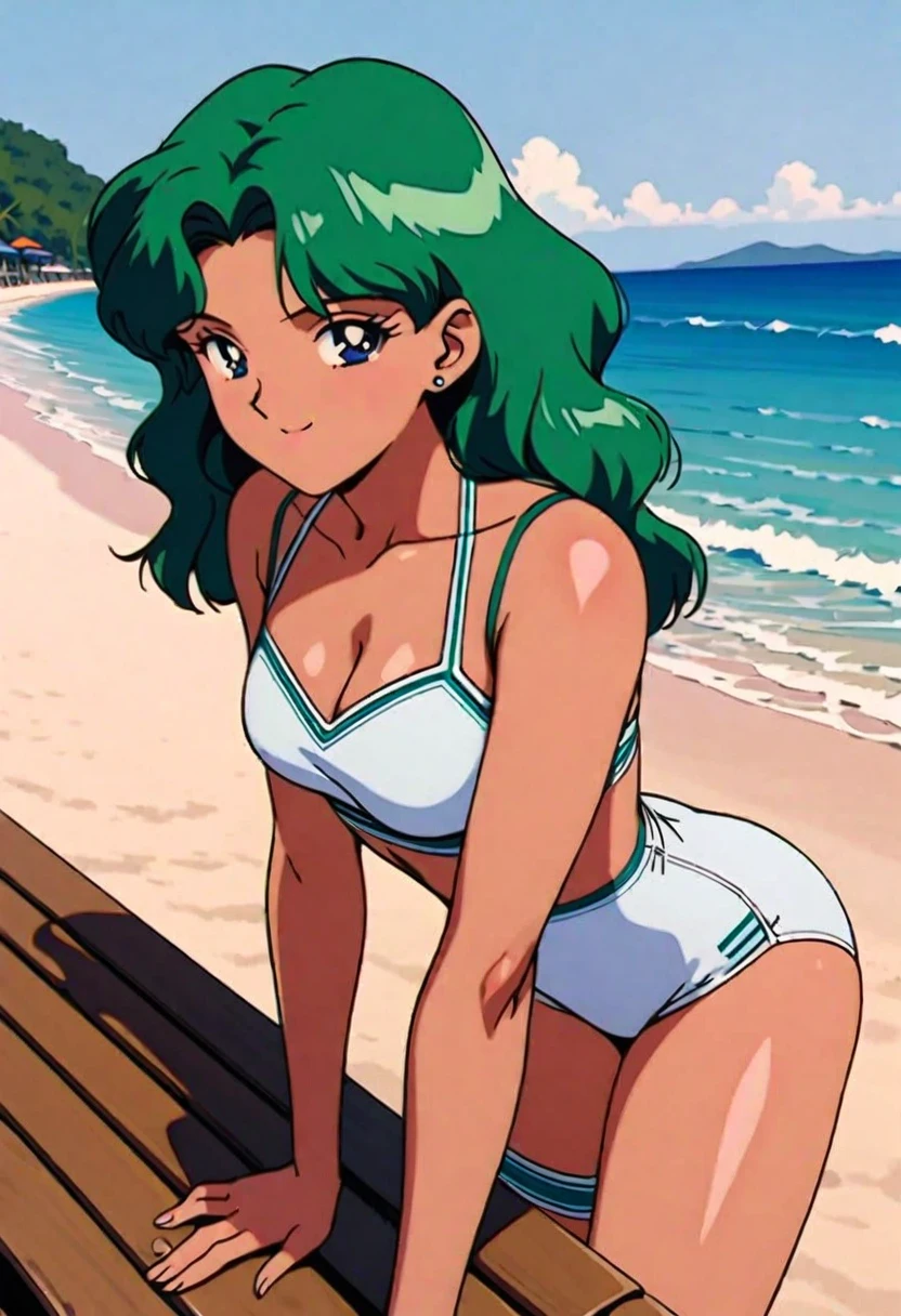 masterpiece,best quality,very aesthetic,ultra detailed,intricate details,Sailor Neptune XL,1990s \(style\),1girl,solo,white swimsuit,stud earrings,long hair,green eyes,green hair, beach, standing, by bench,happy smile,